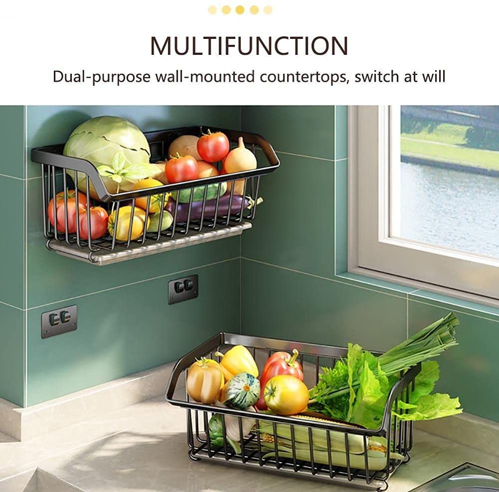 Obst- und Vetablekorb aus Metall zur Wandmontage, Slish Black Kitchen Sto Rack, Abtropfhalter für Obst & V, perfekt für Zuhause und Badezimmer