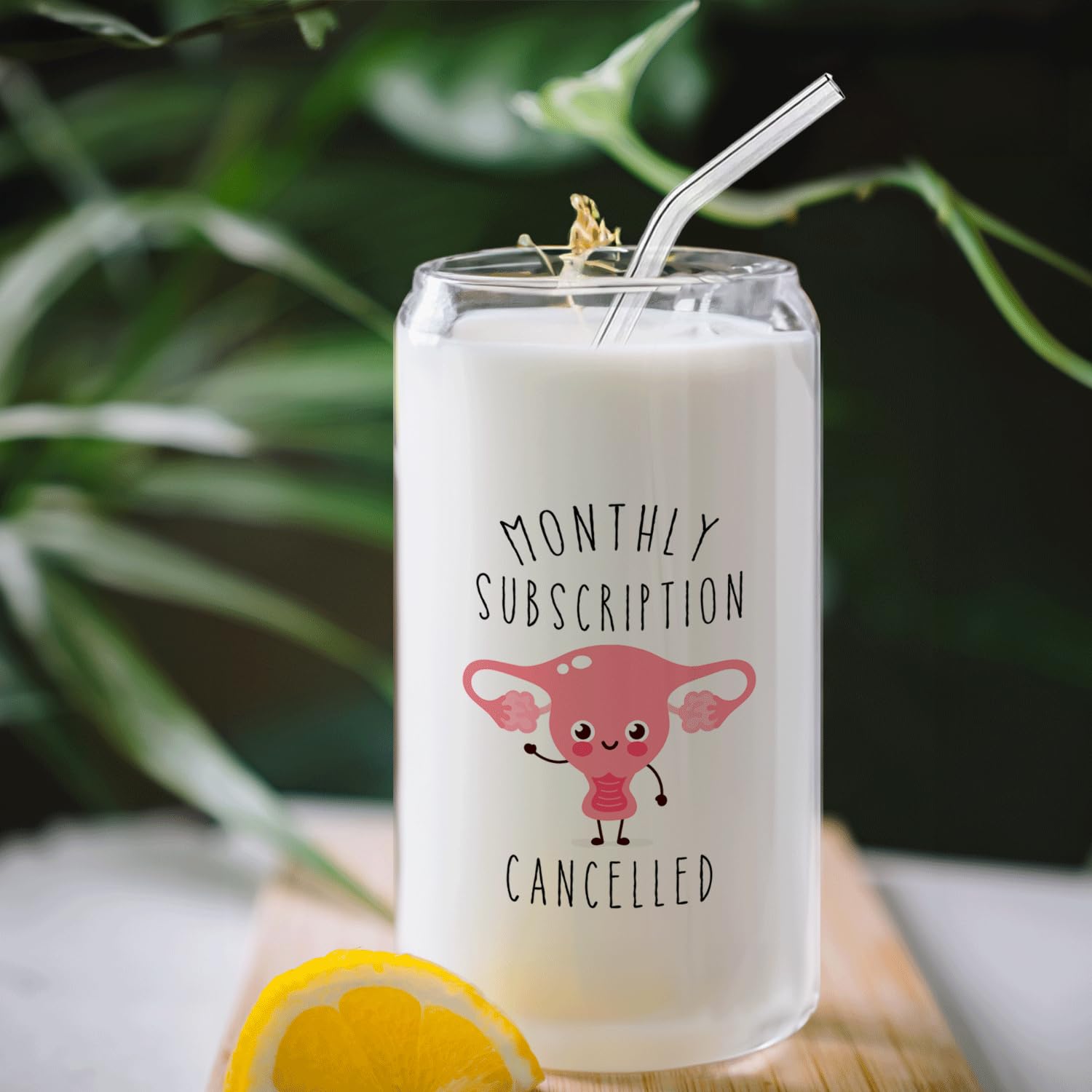 Hysterectomy Recovery Gifts - Monthly Subscription Cancelled Glass Cup with Lids and Straws 14oz, Get Well Soon Gifts for Women, Glass Coffee Tumbler Drinking Jars with Cleaning Brush