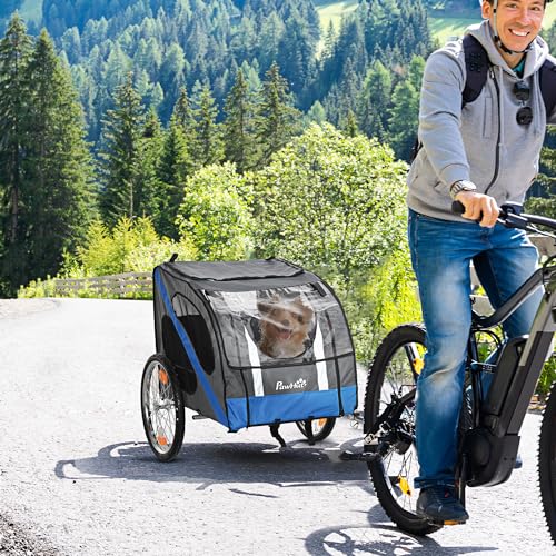 PawHut Hundeanhänger Fahrradanhänger Hundetransporter geländegängig Hunde Fahrrad Anhänger für Hunde Wetterfestes Oxford-Gewebe Stahlrahmen 145 x 80 x 87 cm Grau+Blau