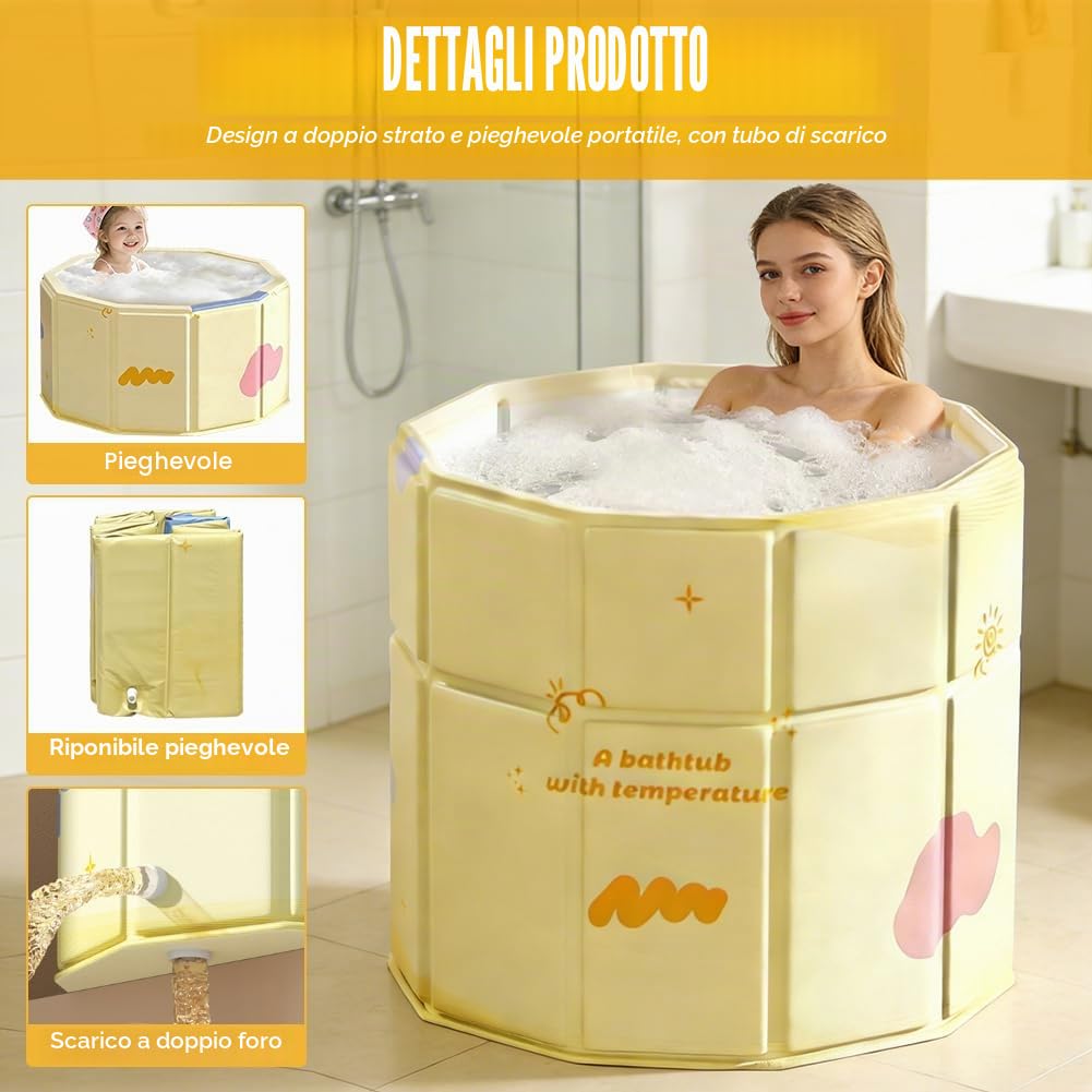 Vasca da bagno pieghevole 70×70 cm per adulti e bambini, vasca da bagno portatile con doppio scarico per doccia e SPA all'aperto, vasca indipendente per bagno di ghiaccio e acqua calda, vasca da bagno