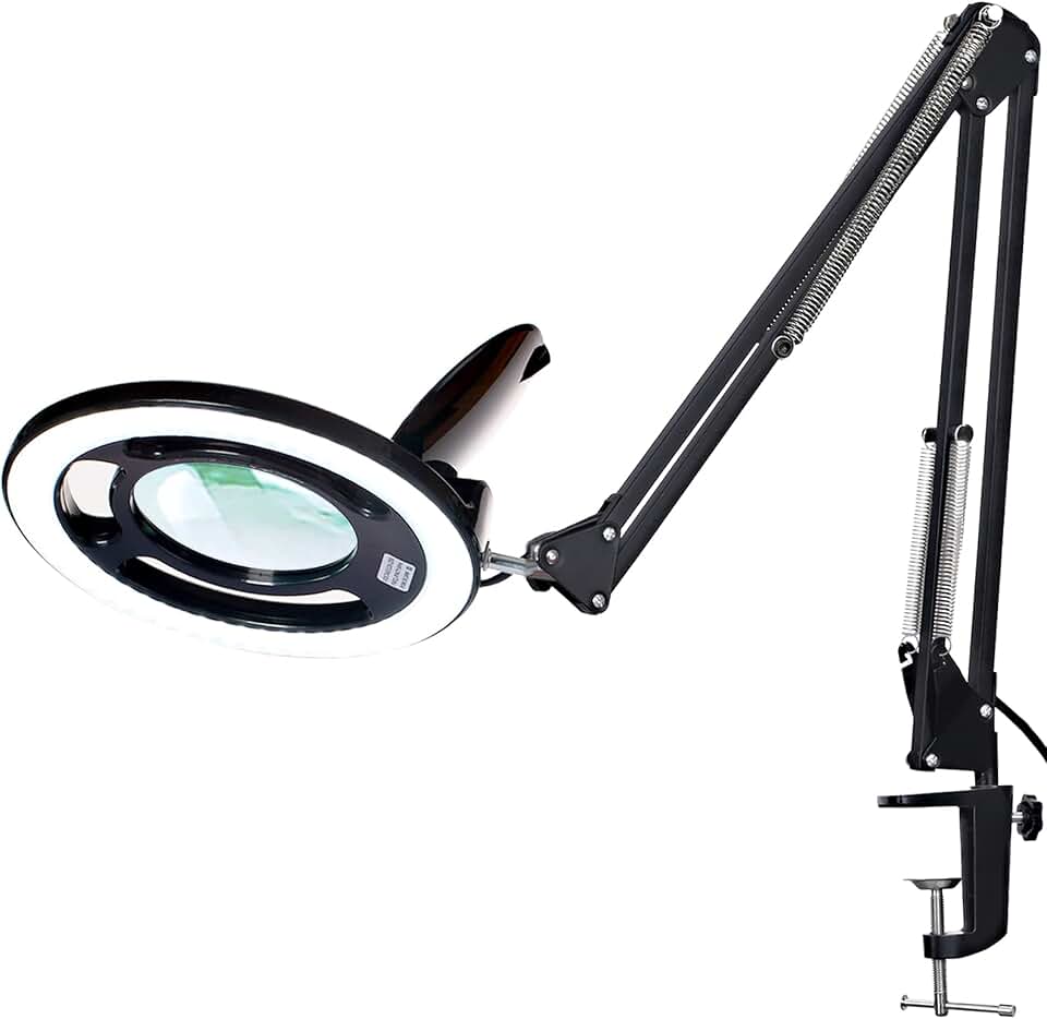 KIRKAS Magnifying Glass with Light, 2,200 Lumens Magnifying Lamp 12X | with Clamp, Stepless Dimmable Real Glass Lens Magnifier, Adjustable Arm Workbench Light for Close Work Hobby Repair - Black