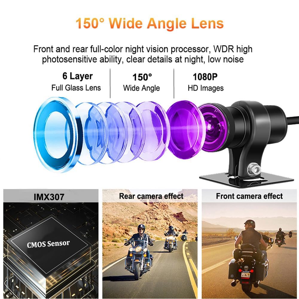 VSYSTO WiFi Motorrad-Dashcam, Parküberwachung, GPS 1080P Front- und Rückkamera, Hochgeschwindigkeits-Video-Download, Kabelsteuerung, Fehler-Vibrationsalarm (Q3DL)