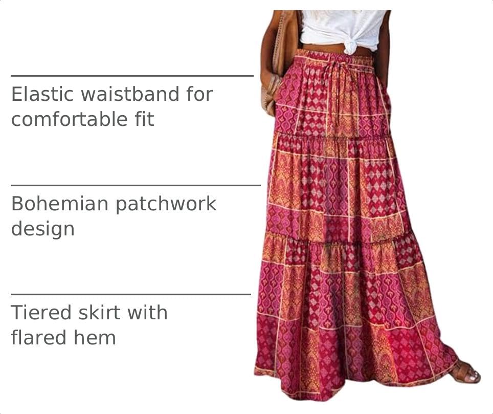 Image of Happy Sailed Womens Floral Print Boho Maxi Skirt Elastic High Waist Pleated Ruffle Flowy Long Skirts S-XL