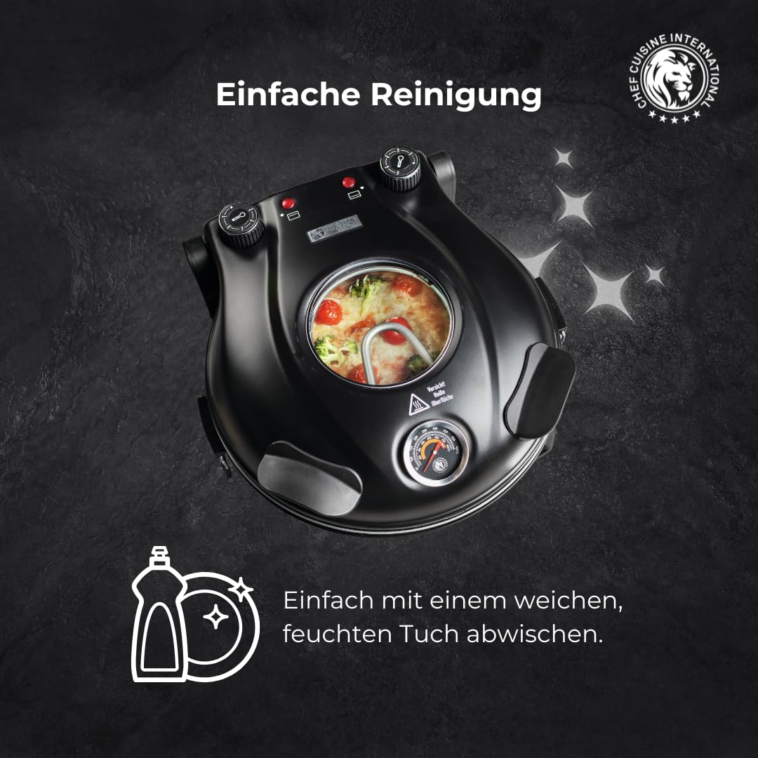 CHEF CUISINE Pizza Maker mit Keramikstein Ø 31 cm – Elektrischer Pizzaofen mit 1.200 Watt, Sichtfenster, Ober-/Unterhitze, inkl. Pizzaheber & Pizzaschneider – Ideal für Pizza, Flammkuchen & Fladenbrot