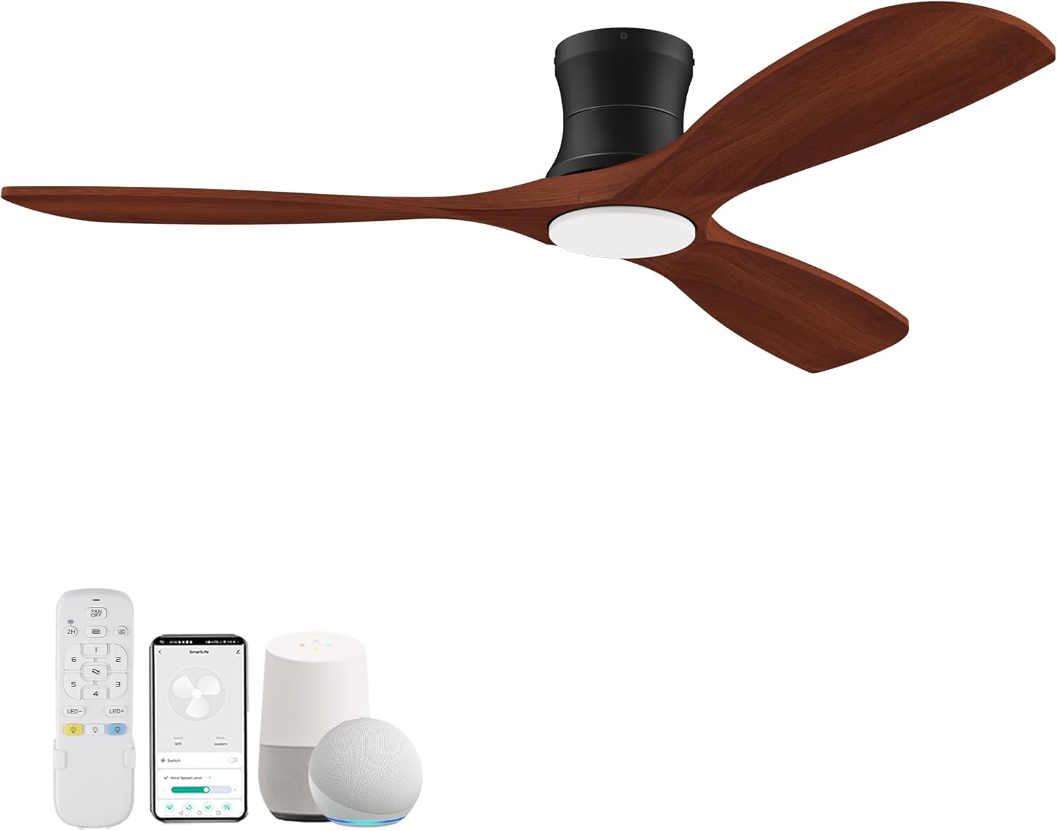 52” Smart Low Profile Ceiling Fans with Lights Remote,3 Wood blade,Quiet DC Motor,Outdoor Indoor Flush Mount Ceiling Fan,Voice Control via WIFI Alexa App,Modern Lighting& Ceiling fan for Bedroom Patio Reddish-brown Wood
