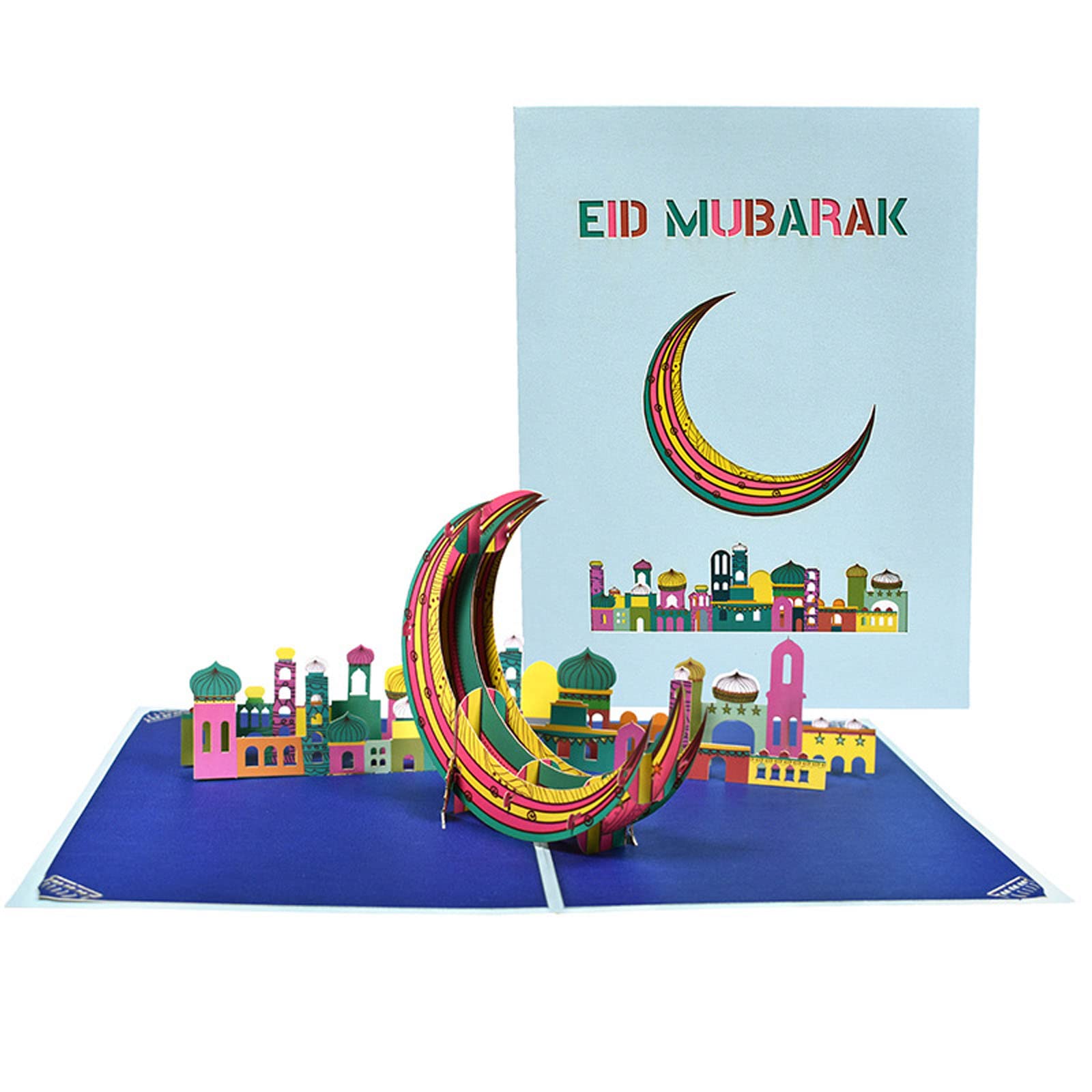 Elnwnnkc 3D Eid Card Colorful Castles Greeting Cards for Eid Party Decoration Includes Envelope and Note Card Greeting