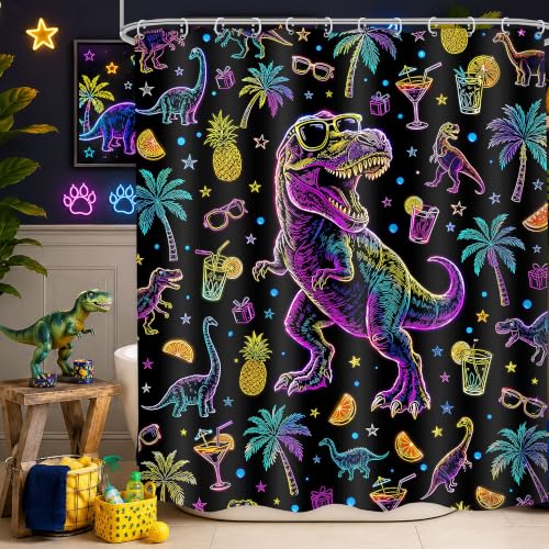 Image of Neon Dinosaur Shower Curtain Bathroom Set 60Wx71H Inches Cool Kids Boys Cartoon Summer Hawaii Funny Dino Colorful Plam Tree Bath Accessories Interesting Art Home Decor Fabric 12 Pack Hooks