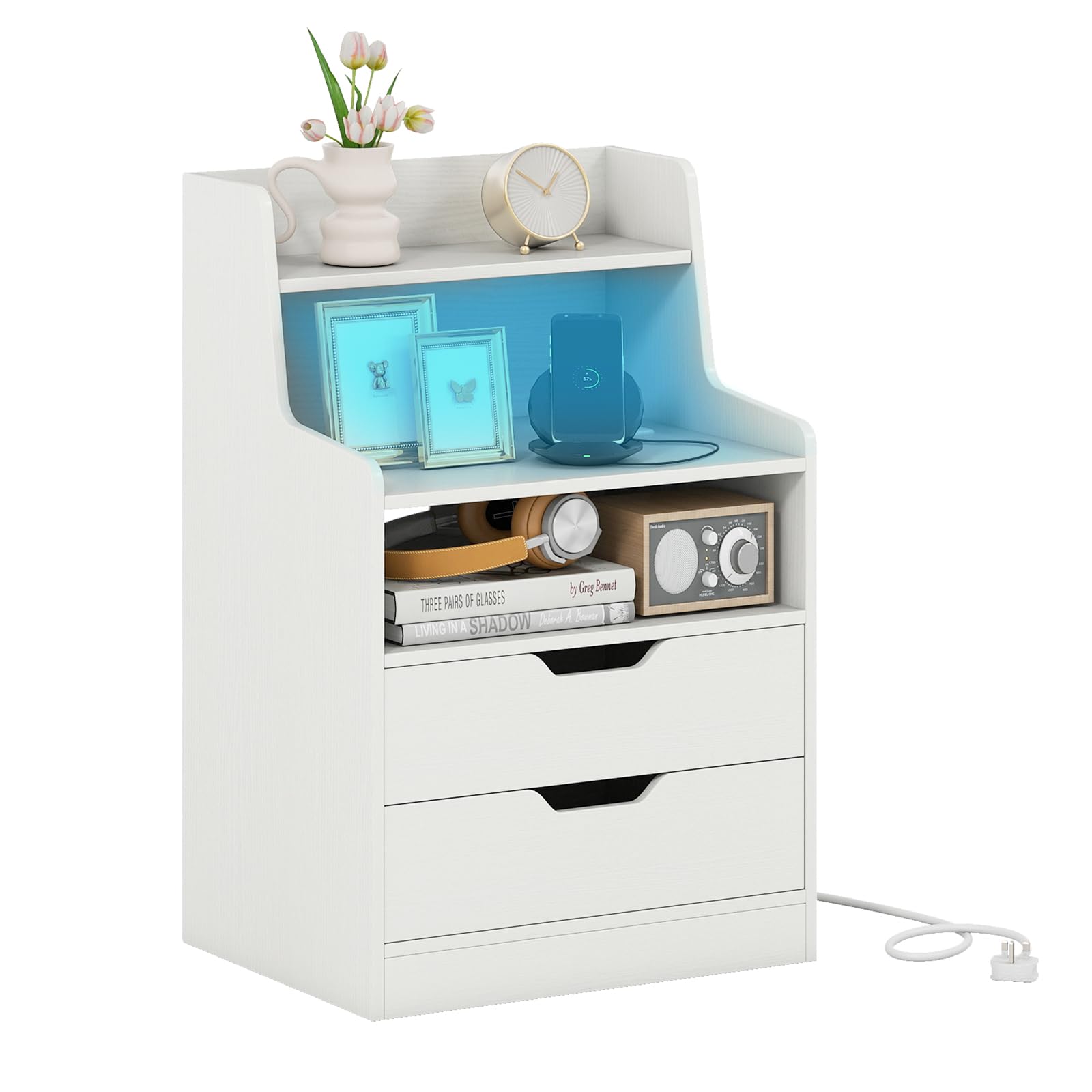 COSTWAY LED Bedside Table with Charging Station, Smart Nightstand End Sofa Side Table with RGB Light Color, 2 Drawers & Storage Shelves, Bedside Cabinet Chest for Living Room Bedroom (1, White)
