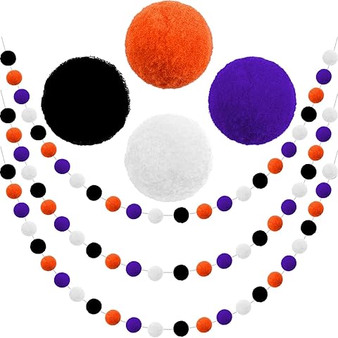 Halloween Pom Pom Garland Halloween Decorations 3pk Orange Purple Black White Felt Ball Garland Cute Hanging Decor for Room Home Office Classroom Wall, Fall Wedding Birthday Party Decorations Supplies