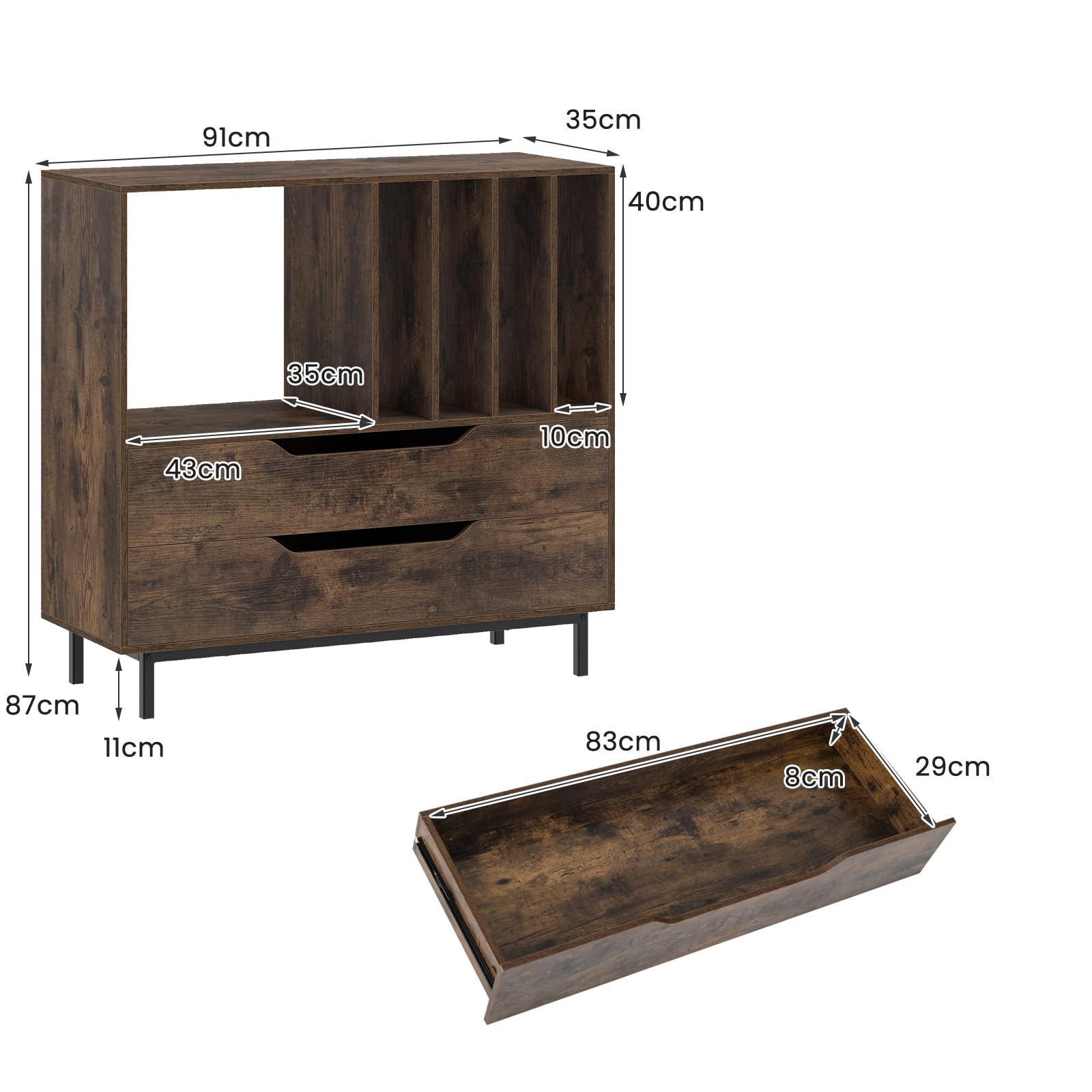 GIANTEX Meuble Platine Vinyle, Support pour Vinyles avec Compartiments Ouverts, 4 Séparateurs, Pieds Métalliques et Tiroir, Étagère pour Disques en Bois pour Salle de Musique, Salon (Marron)