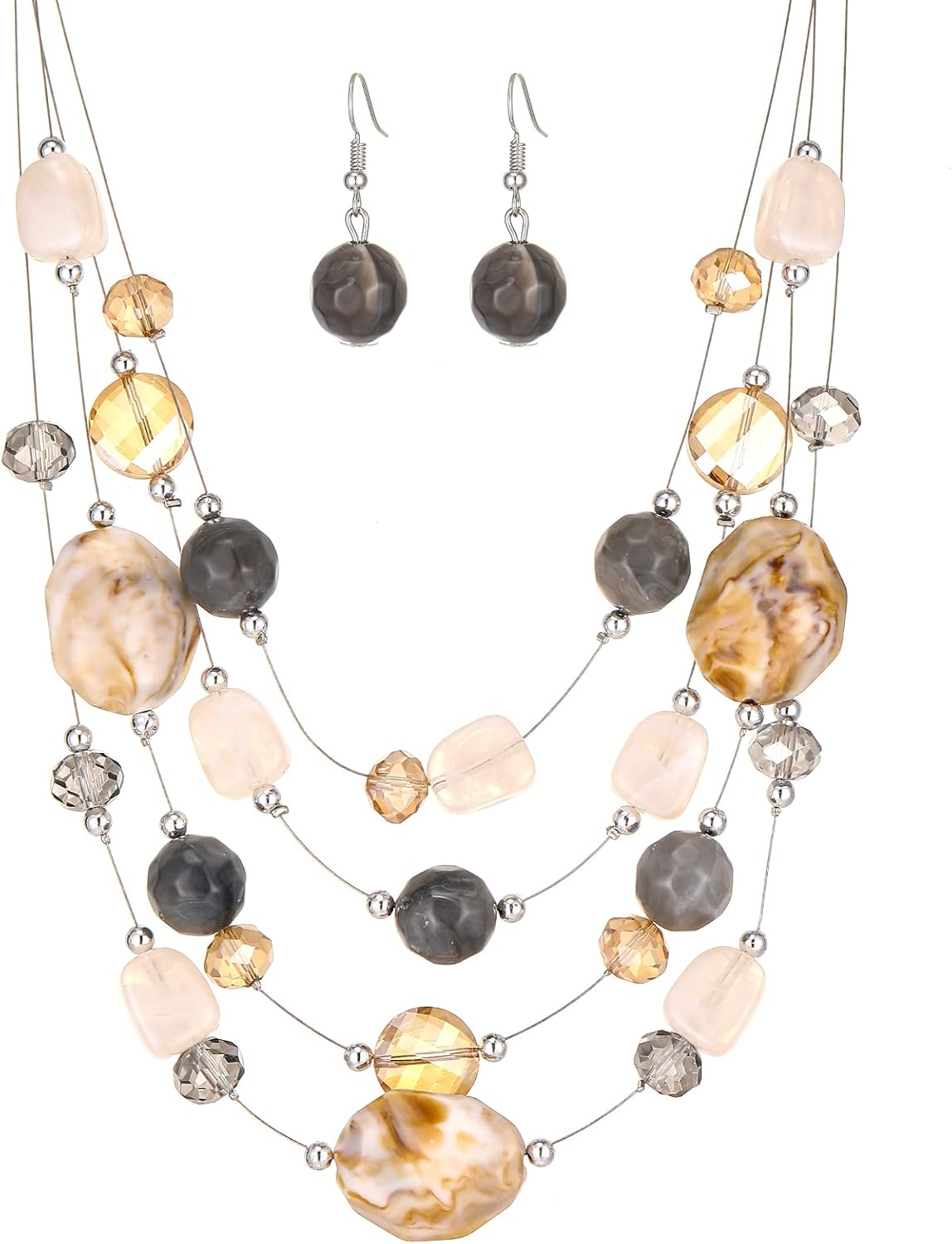 Layered Chunky Beaded Necklace for Women Colorful Multi-Layer Statement Necklace and Earrings Set Gift for Her