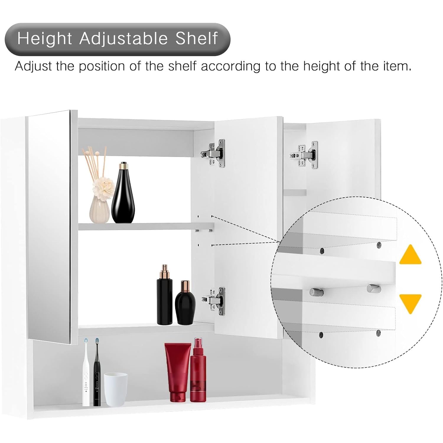 CLIPOP Armarios con Espejo para Baño, Montado en la Pared, 3 Puertas Armario de Baño con Estante Abierto y Estantes Ajustables, Armarios con Espejo for Dormitorio, Sala de Estar