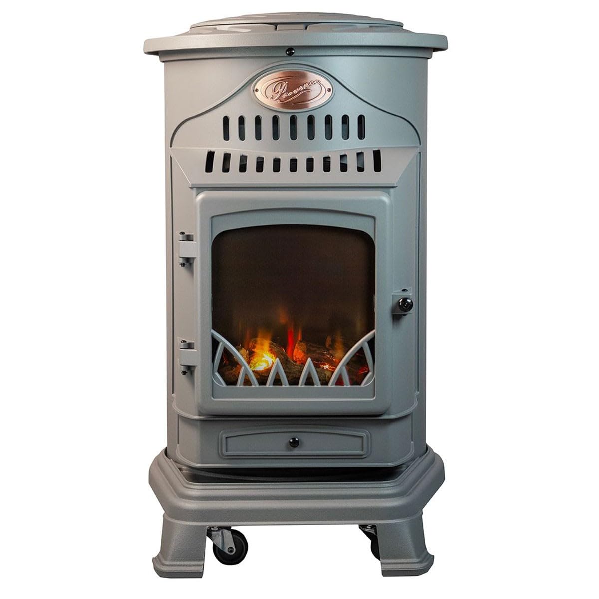 UNIVERSAL - Estufa de gas Provence 3,4 KW Gris Perla Efecto estufa de leña Hierro fundido genuino Calefacción auxiliar de gas efecto de fuego