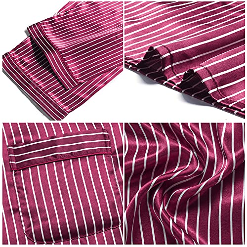 Image of Lonxu Pajamas Set Mens Silk Satin Pajamas Long Sleeve Loungewear Two-Piece Sleepwear Button-Down Pj Set S-XXXXL