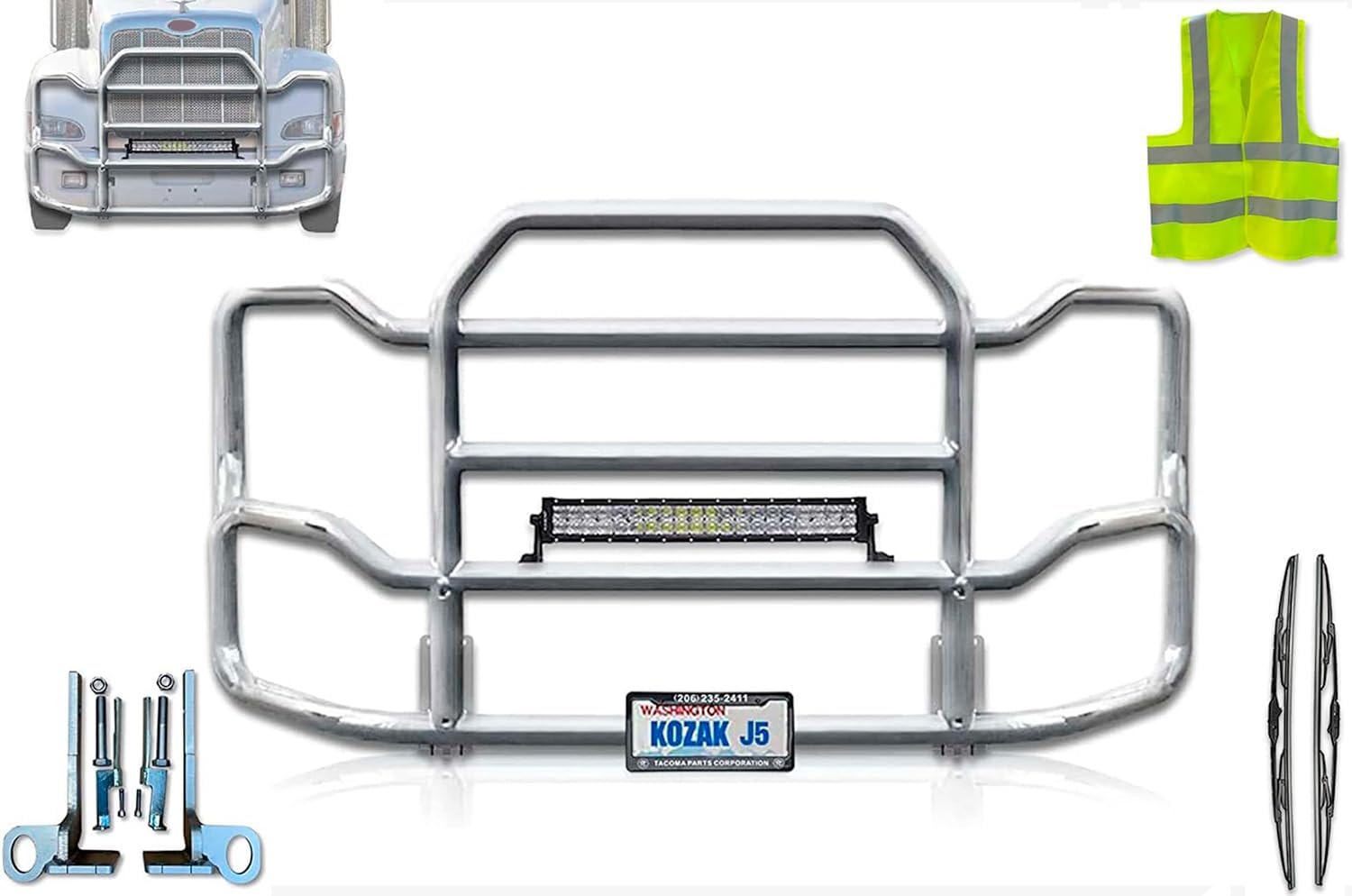 Front Grille Deer Moose Brush Bumper Guard Large Compatible with Peterbilt 386 PLUS Bracket, Logo, 22" LED Light Bar, Wipers, License Plate Holder and Frame, Vest
