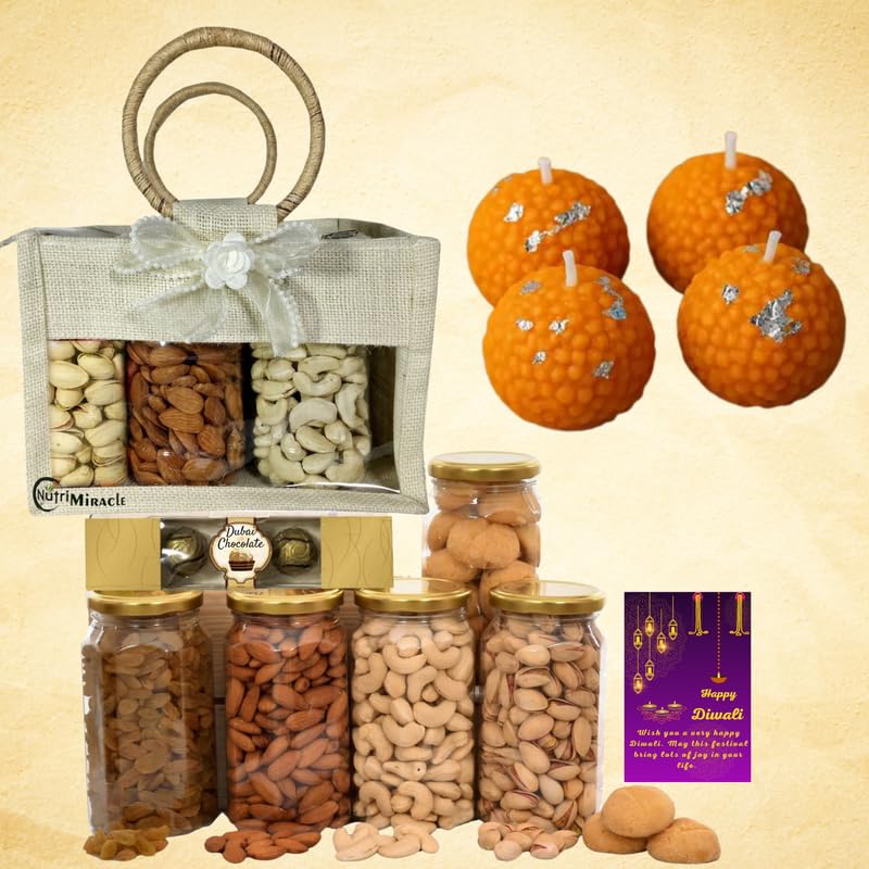 Image of NUTRI MIRACLE Diwali Dry Fruits and Dubai Chocolates Gift for Corporate Staff with Laddu Candles Basket Hamper