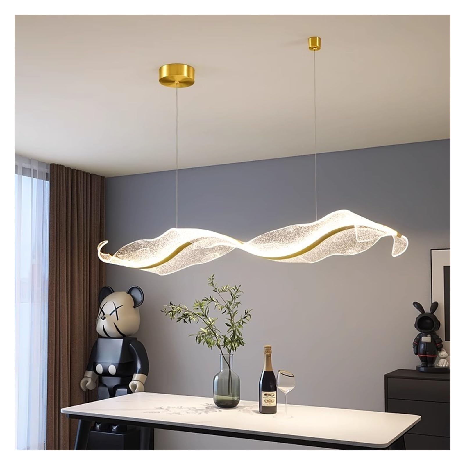 Lampada a sospensione LED lineare a onda artistica con cornice dorata e nastro in resina, luce ambientale calda, ideale per isola cucina, sala da pranzo, soggiorno e arredamento casa. (Length180cm)