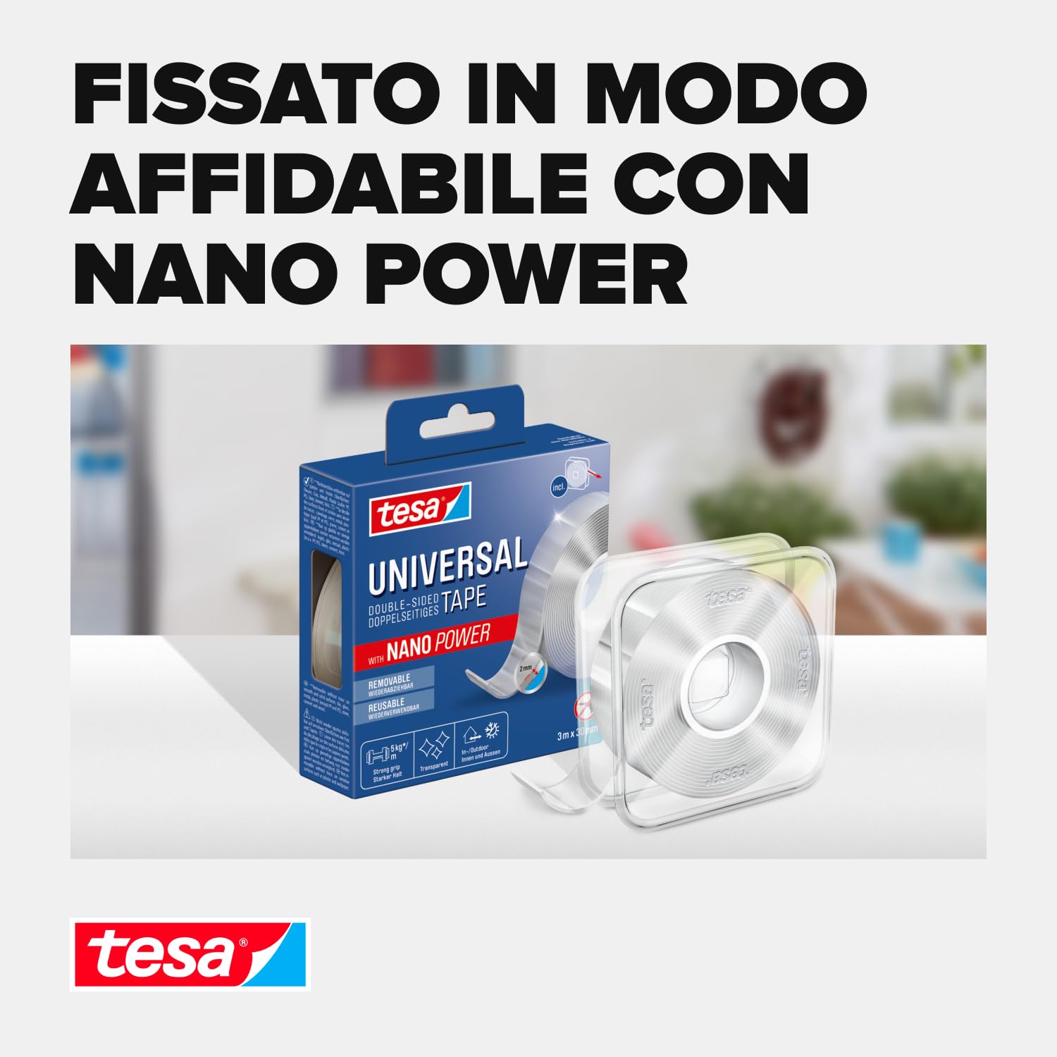 tesa Nastro nano universale – nastro biadesivo trasparente – facilmente rimovibile e riutilizzabile – resistente alle intemperie, per interni ed esterni – 1 rotolo – 3 m x 30 mm