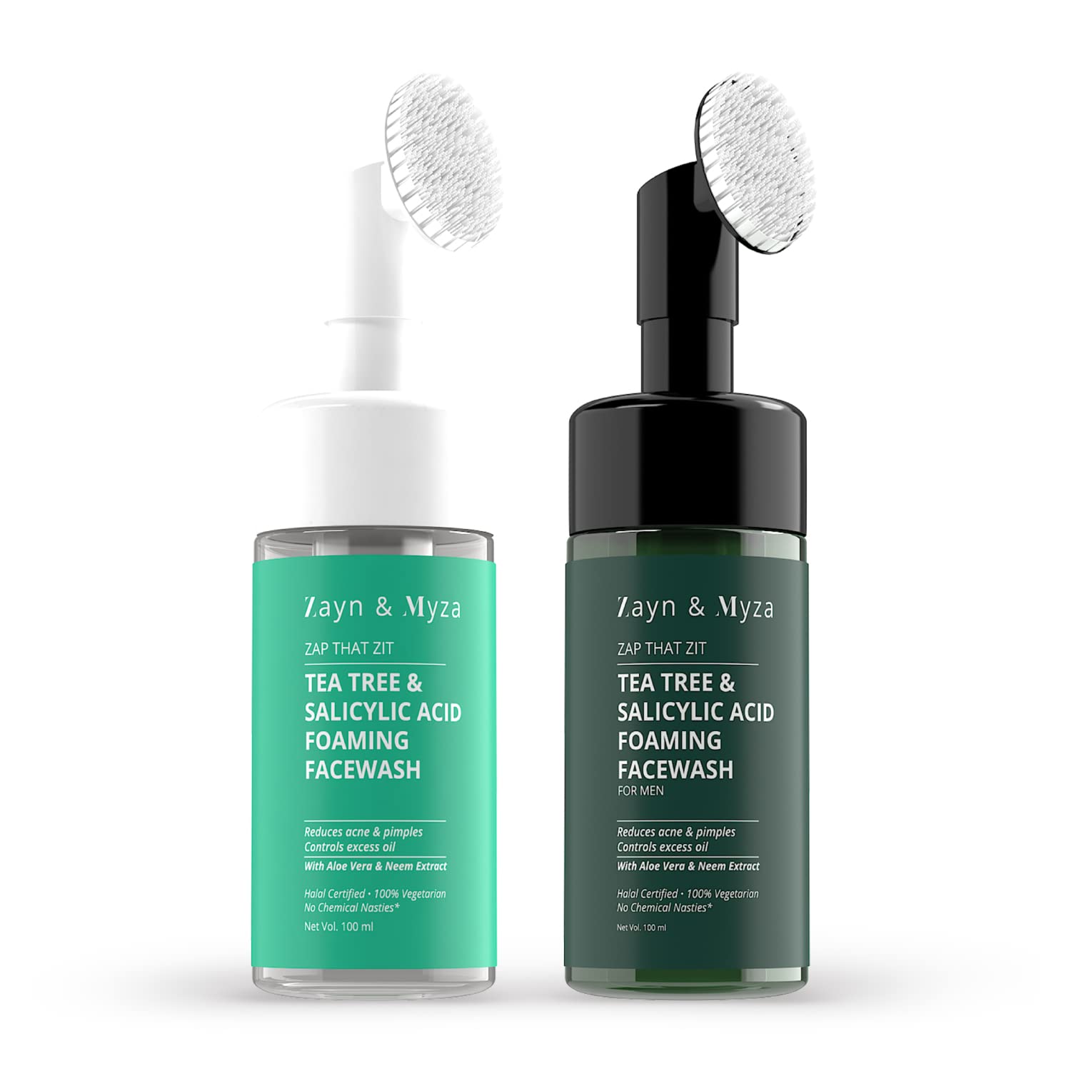 Zayn & Myza Tee Tree & Salicylic Acid Foaming Face Wash For Women & Men Combo | Built-In Deep Cleansing Brush | With Aloe Vera & Neem Extracts | Reduces Acne & Pimples | pH Neutral | (100 ml)