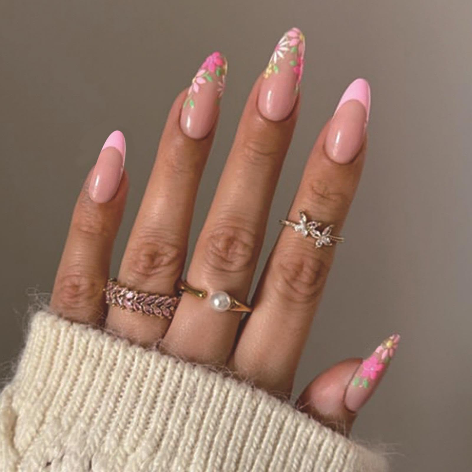 Pink French tips Press on Nails Medium Almond Fake Nails with Design Pink Flower Glue on Nails Glossy Daisy Fall Nails Reusable Summer False Nails for