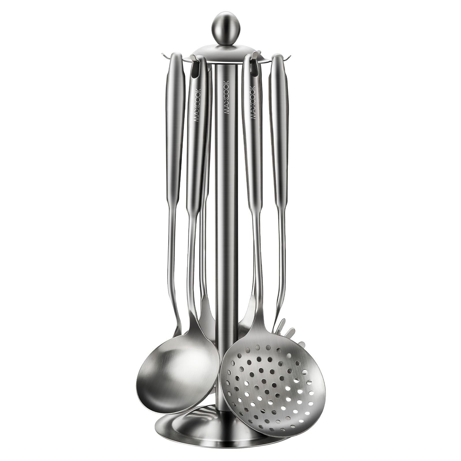Edelstahl-Kochutensilien-Set, 18/8 Edelstahl, Küchenutensilien-Set, 7-teiliges Kochgeschirr-Set mit drehbarem Halter, hitzebeständiger Edelstahl-Kochlöffel (spülmaschinenfest)