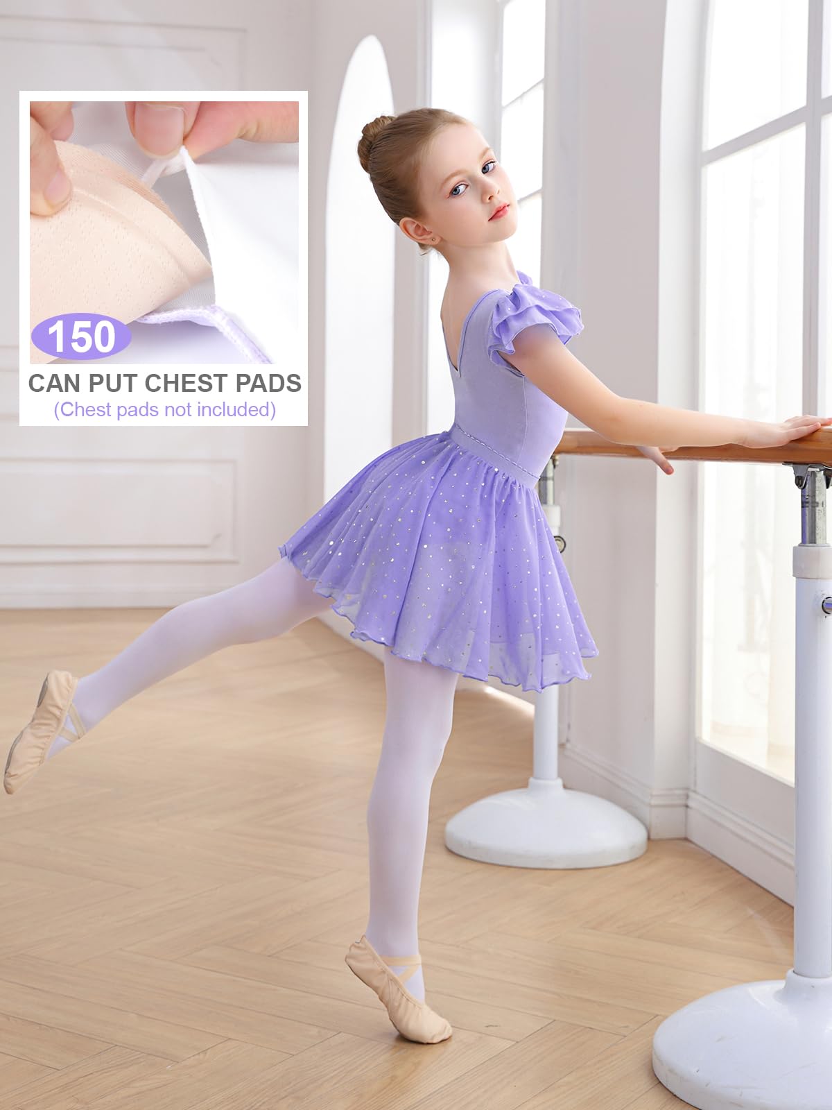 Body da danza per bambina, con maniche a volant, con gonna rimovibile glitterata, per bambine da 2 a 11 anni