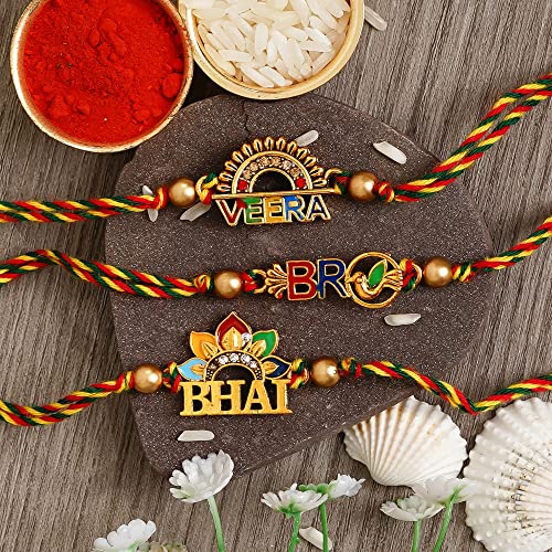 Image of eCraftIndia Set of 3 Multicolor Veera, Bro, Bhai, Brother Theme Fancy Designer Rakhis, Best Bro Ever Fridge Magnet with Roli Chawal Pack - Rakhi for Brother, Bhaiya, Bhai