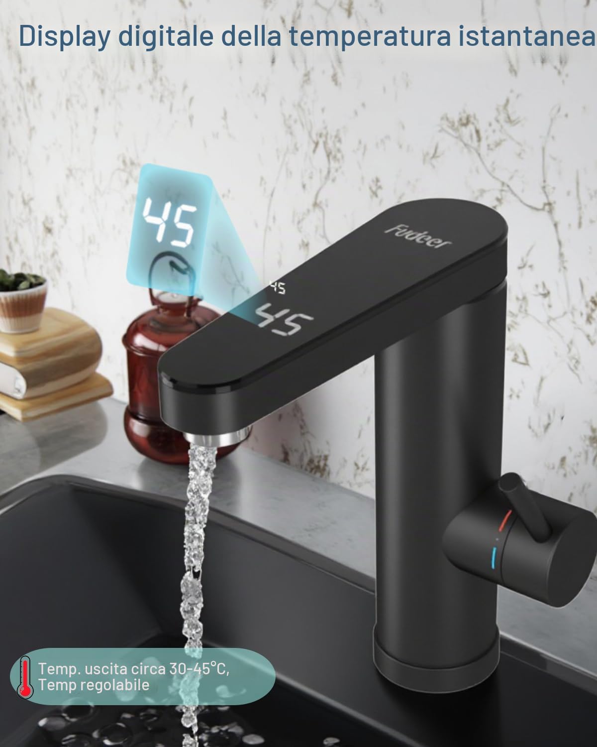 Scaldacqua istantaneo in acciaio inox, rubinetto elettrico con scaldabagno con indicatore digitale della temperatura, beccuccio girevole a 120 gradi, rubinetti elettrici per bagno, lavello della