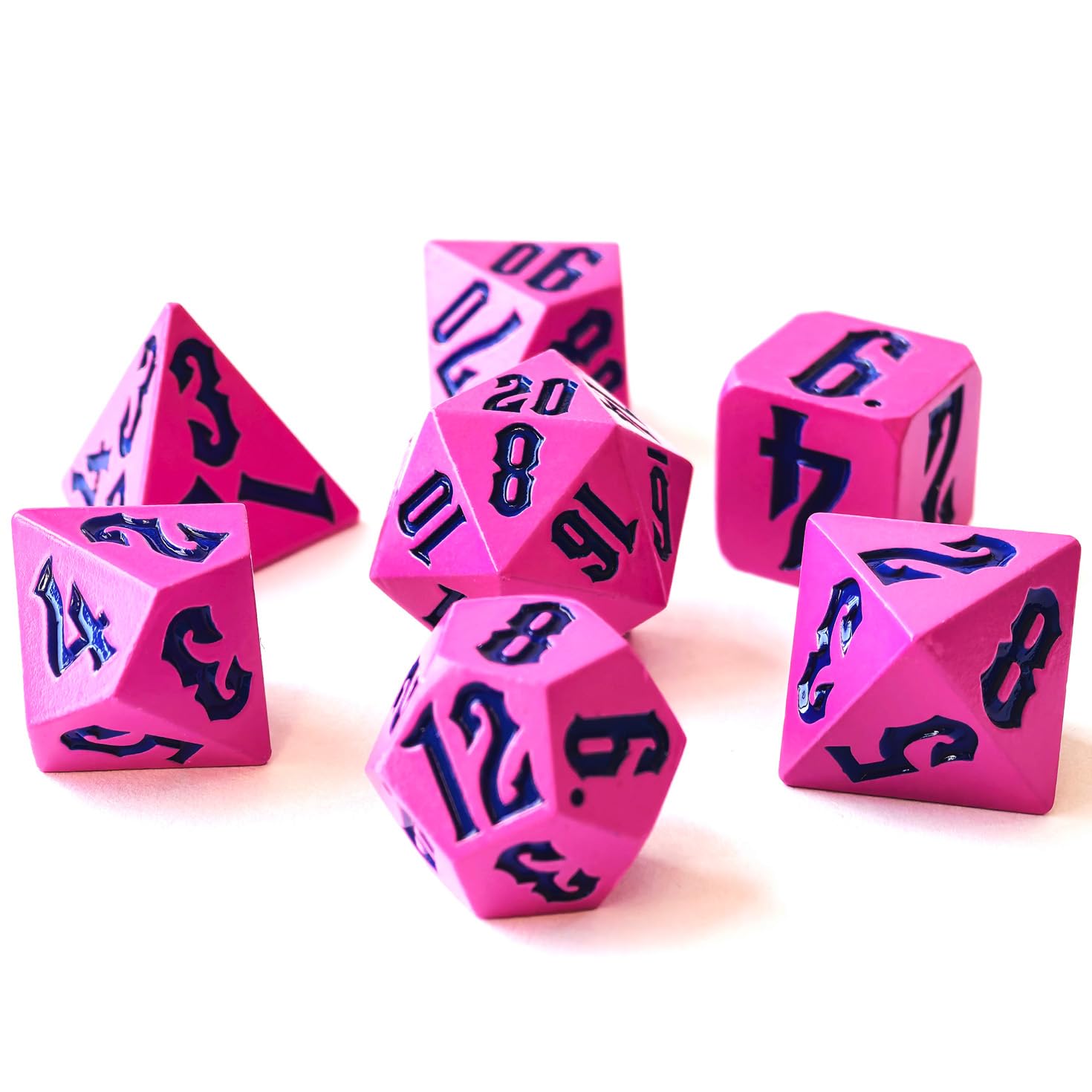 Bescon Fresh New Solid Metal Dice Set Deep Pink with Black Numbers,Metal Miniature Polyhedral Dice Set of 7 for Role Playing Games