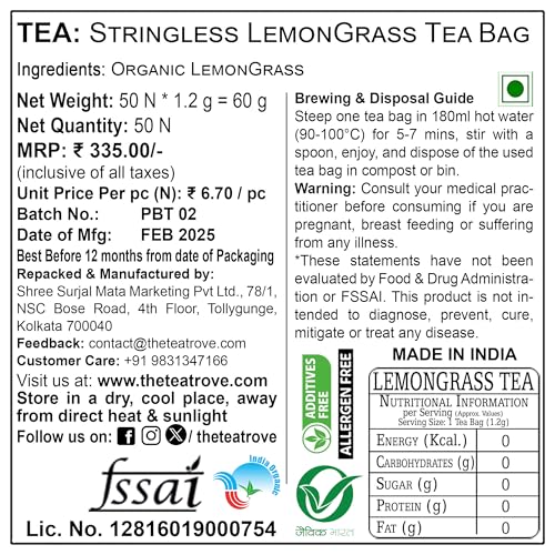 Image of the tea trove Organic Lemon Grass Tea Bags - 50 Pyramid Dried Lemongrass Tea Bags Organic In Resealable Caffeine Free Lemon Grass Leaves - Pack Of1,60g