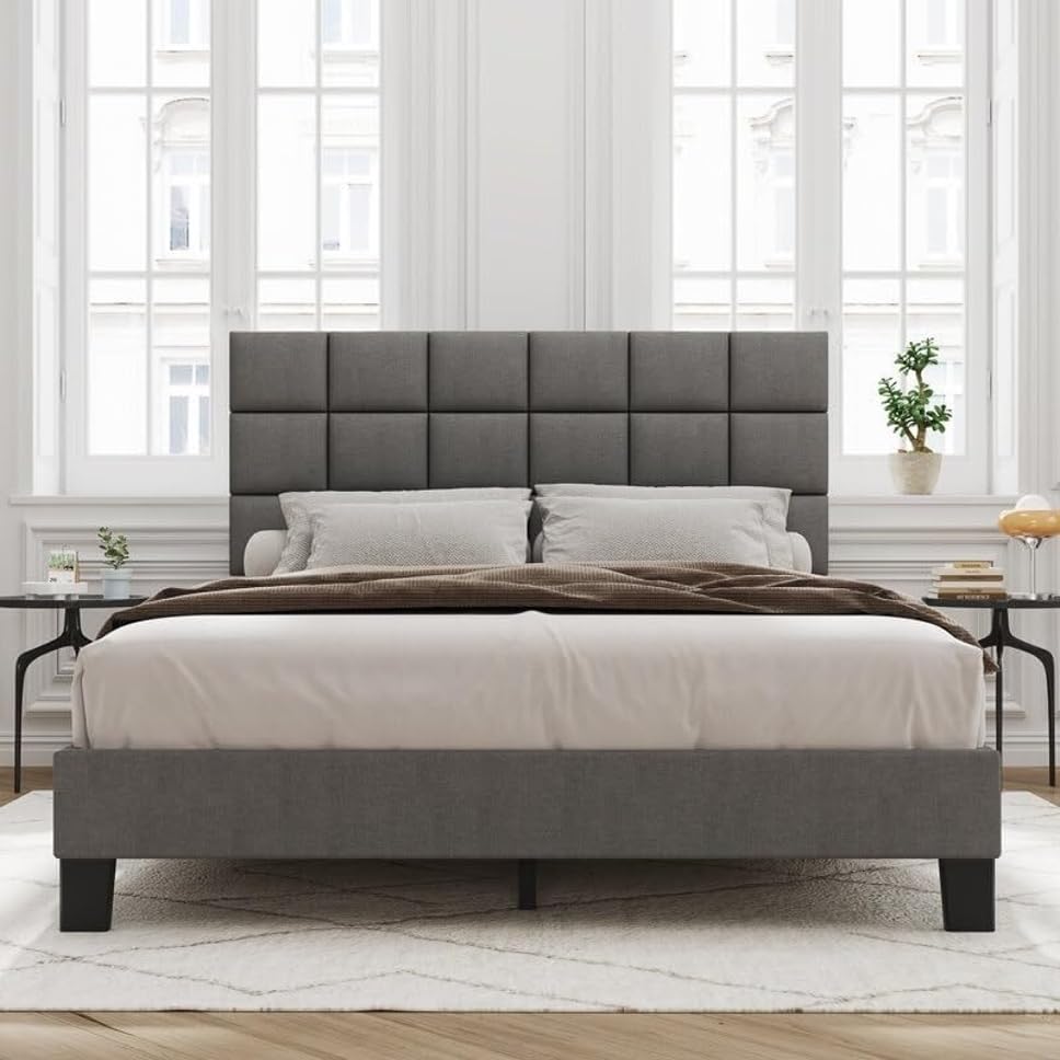 Image of Wooden Modern Upholstered King Size Bed for Bedroom | Wooden Double Bed Without Storage | Platform Cot Upholstered Bed with Upholstery Fabric | Engineered Wood | 6.5 x 6 Ft | Light Grey