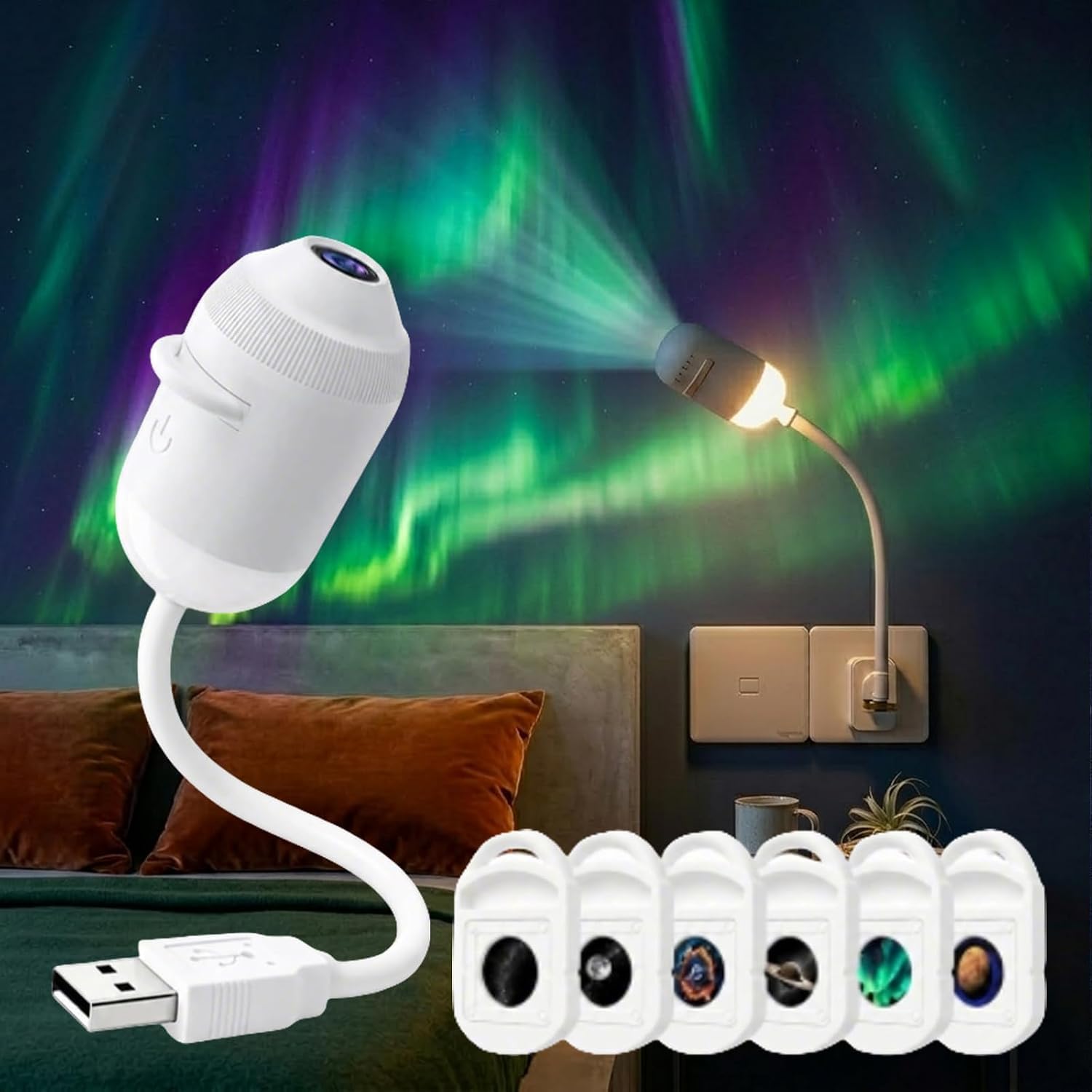 HD 5D Galaxy Star Projector Night Light, 2-in-1 Holographic Lamp with 3/6/12/24 Projection Films, 360° Adjustable, USB Powered, for Bedroom Kids Room Gift