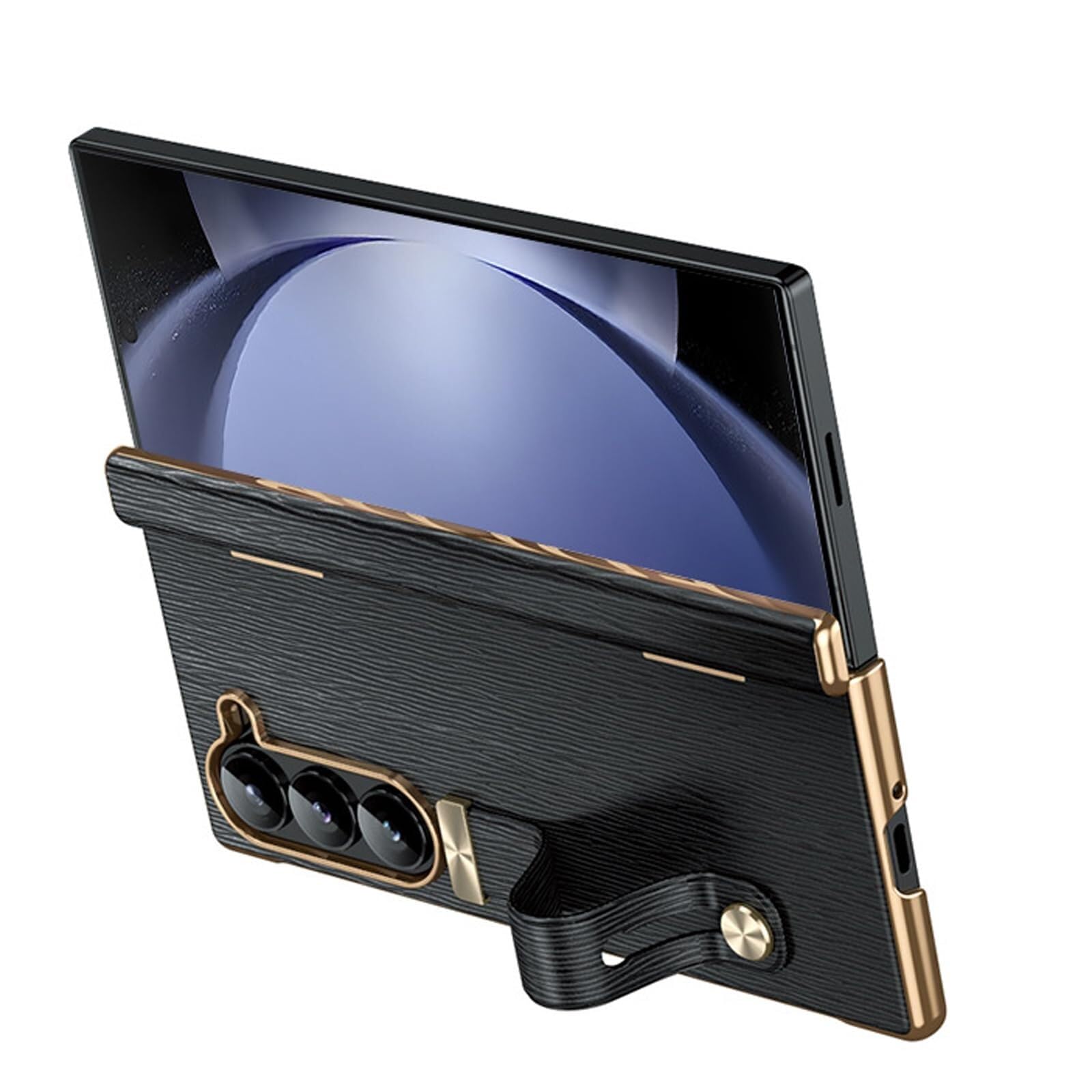 Custodia Antiurto Per Samsung Galaxy Z Fold 6, Custodia Protettiva Con Cerniera E Supporto Da Polso, Custodia In Pelle Di Lusso Per L'ufficio(Black)