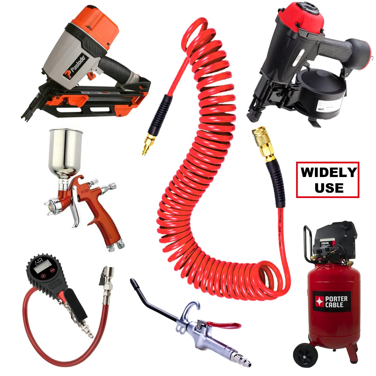 YOTOO Manguera de aire de retroceso de poliuretano de 1/4 pulgadas de diámetro interior por 25 pies de largo con restrictor de curva, acoplador rápido industrial de 1/4 pulgadas y enchufe, rojo