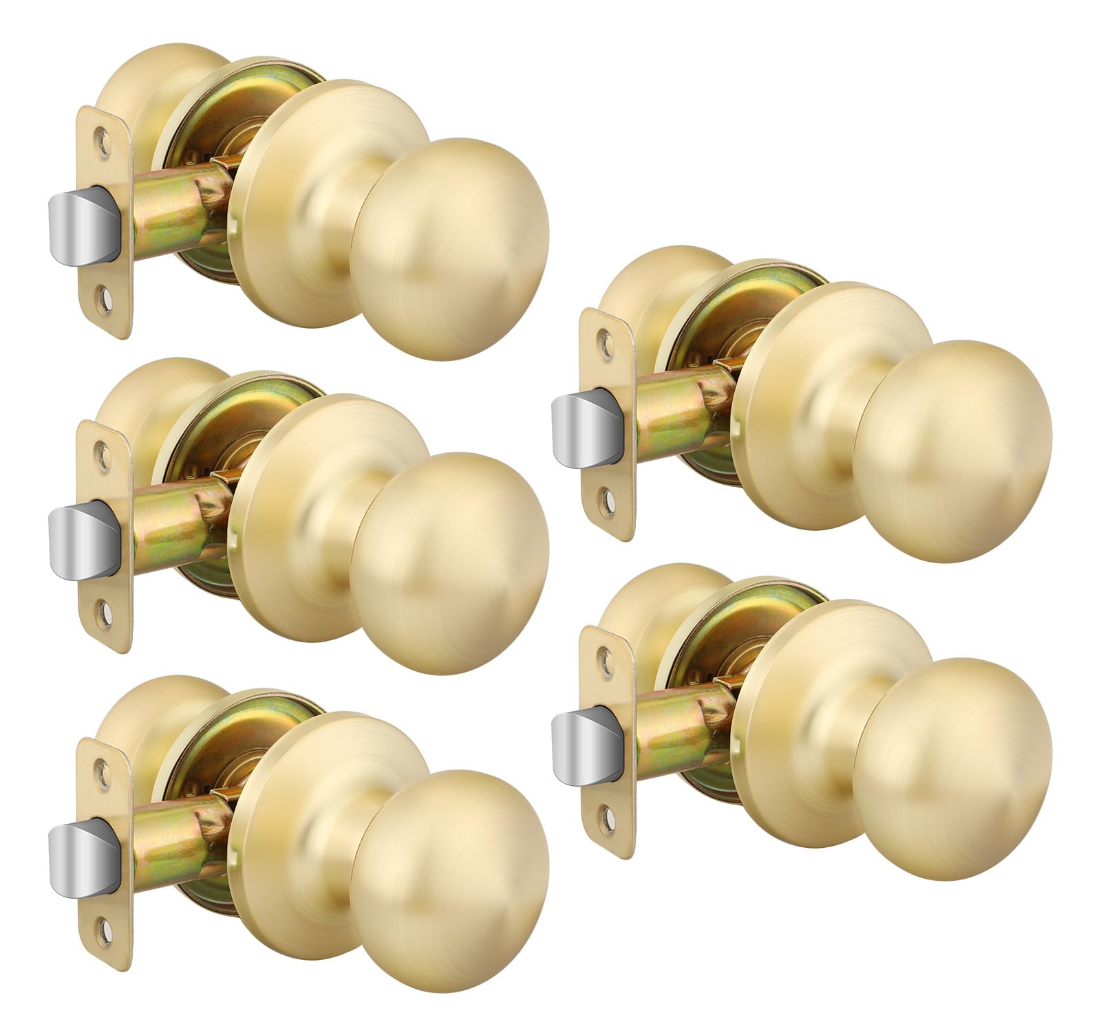 goldenwarm gold closet door knobs, passage door knobs, brushed gold door knob without lock for hallway, closet(5 pack)