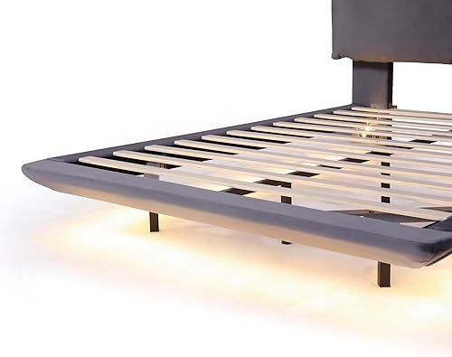 Miniatura 108 de Cama de plataforma flotante tamaño Queen con sensor de luz y cabecero, marco de cama moderno tapizado de terciopelo suave, no necesita somier