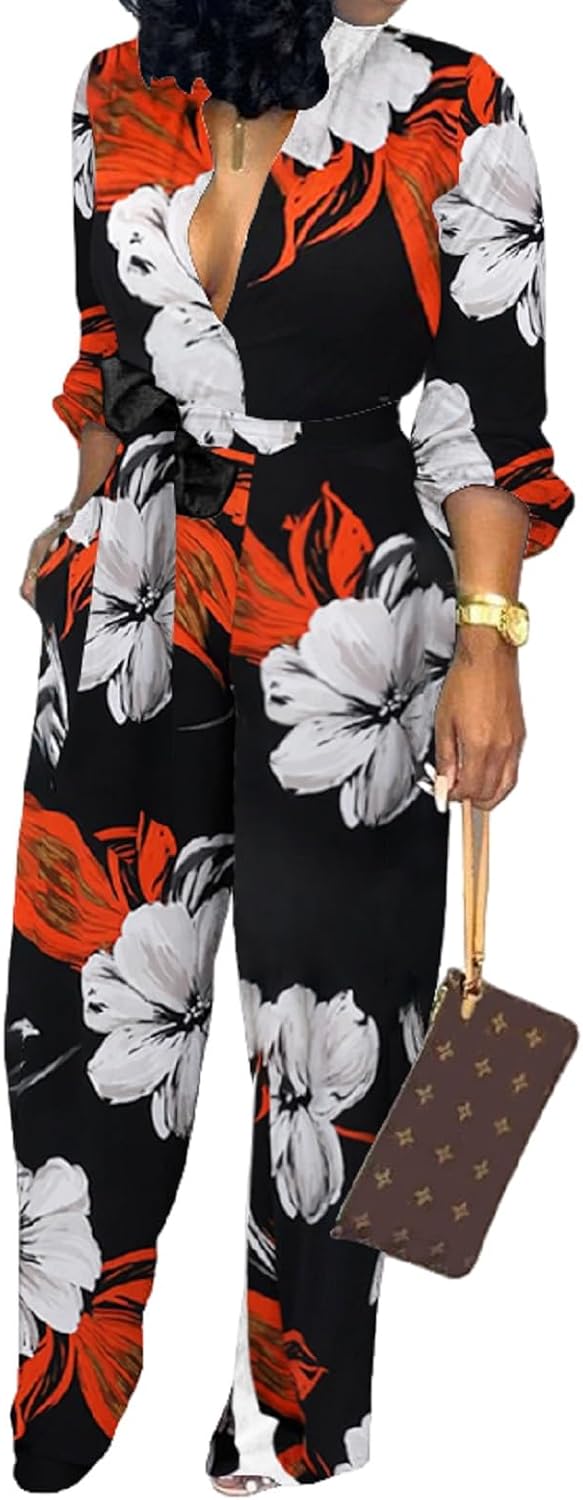 CuteCherry Women Jumpsuits Elegant Long Sleeve Sexy V Neck Casual Long Wide Leg Pants with Pockets Belt - Image 2