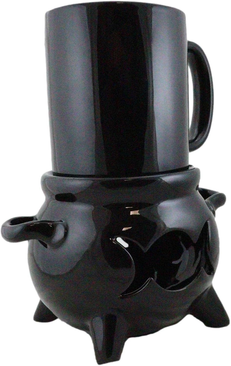 Ebros Gift Gothic Alchemy Witchcraft Wiccan Votive Tea Light Candle Holder Mug Warmer Silhouette Shadow Caster and Black Drinking Cup Set (Triple Moon Goddess Cauldron)