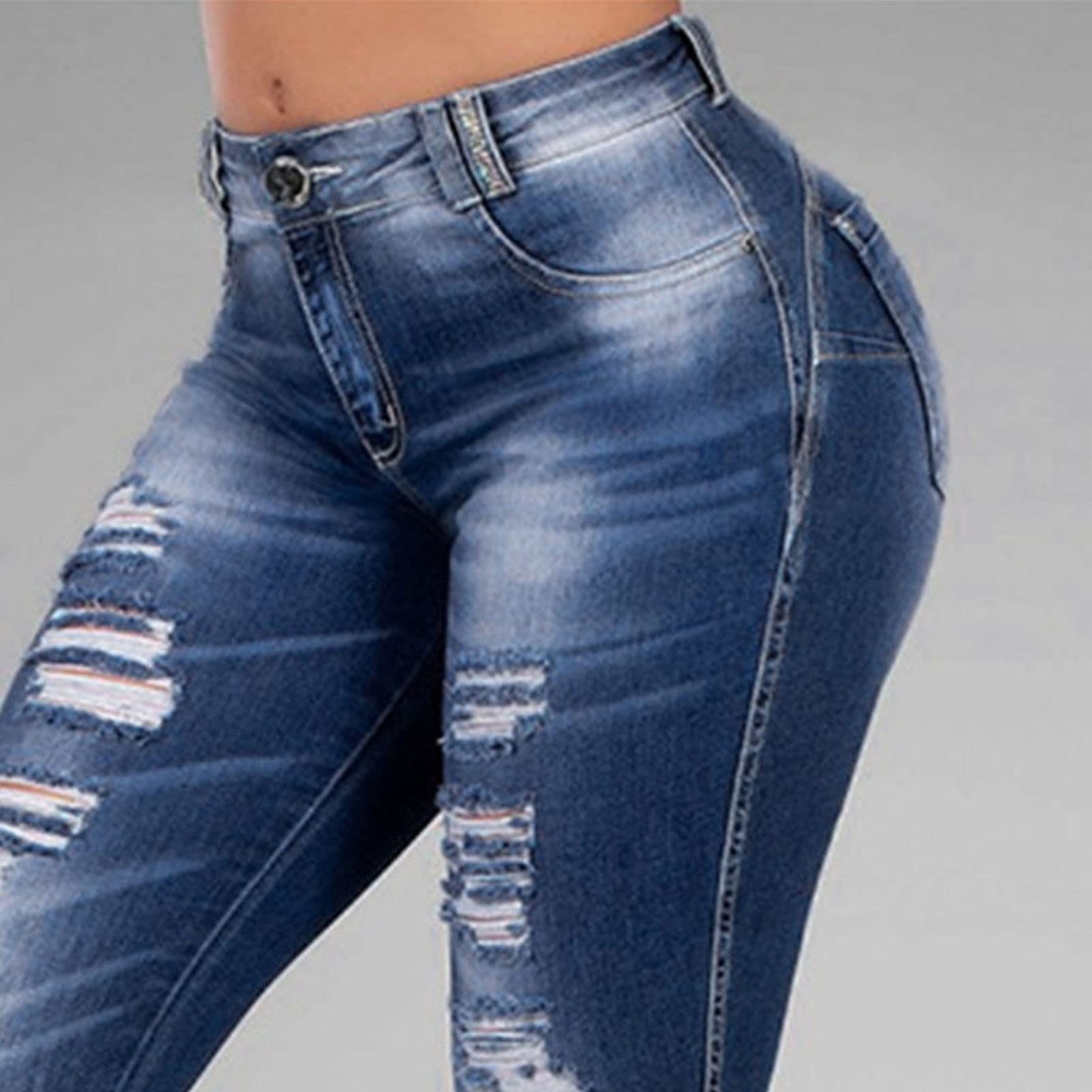 Maiyifu-GJ Women's Ripped Mid Rise Stretch Jeans Distressed Skinny Boyfriend Denim Pants Slim Fit Destroyed Butt Lifting Jean (Dark Blue,5X-Large)