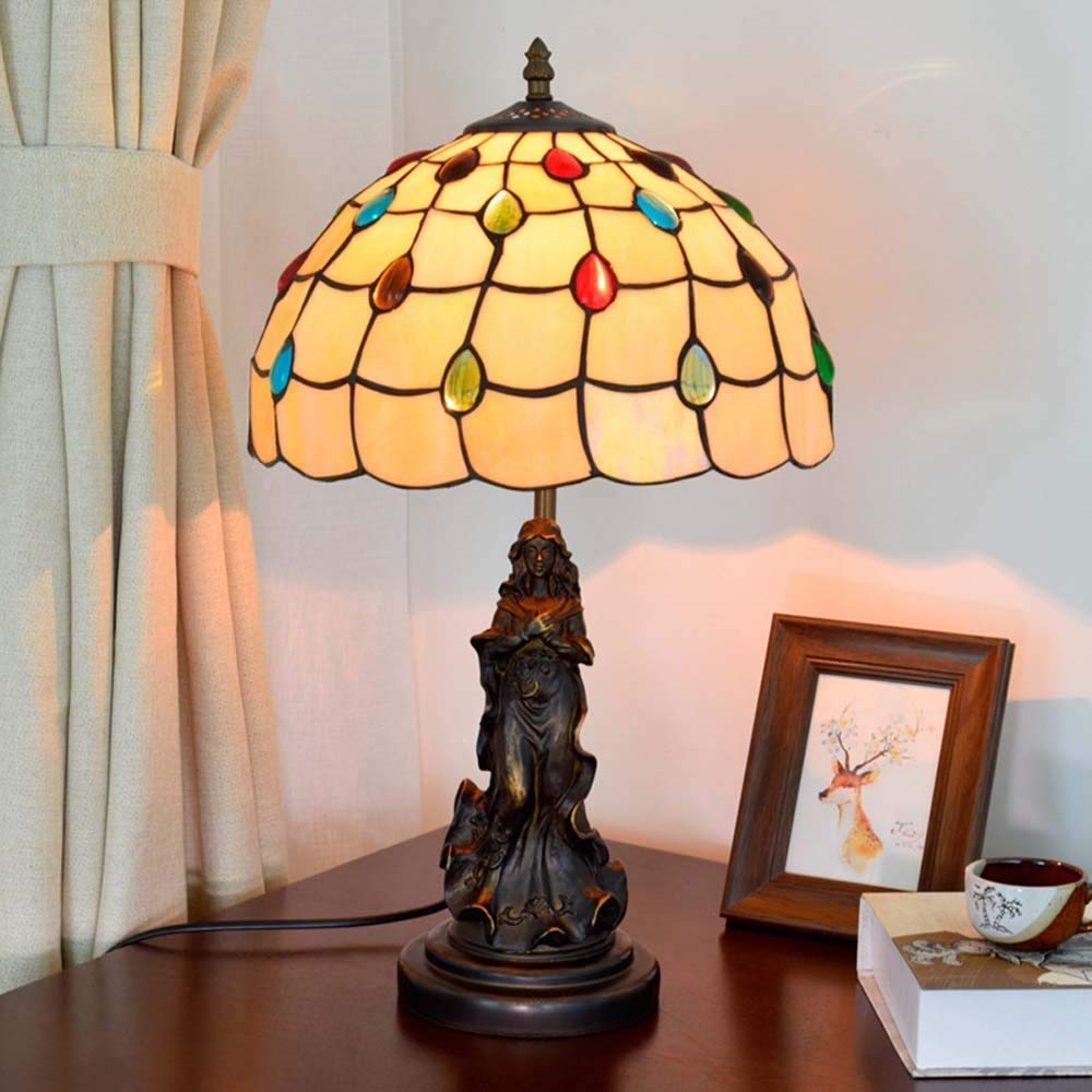 Aioneer Tiffany Style Table Lamp, 12 Inch Stained Glass Shade Desk Lamp, Crystal Beads Decoration Bedside Lamp/Nightstand Lamp For Living Room Bedroom, 20 Inch Tall