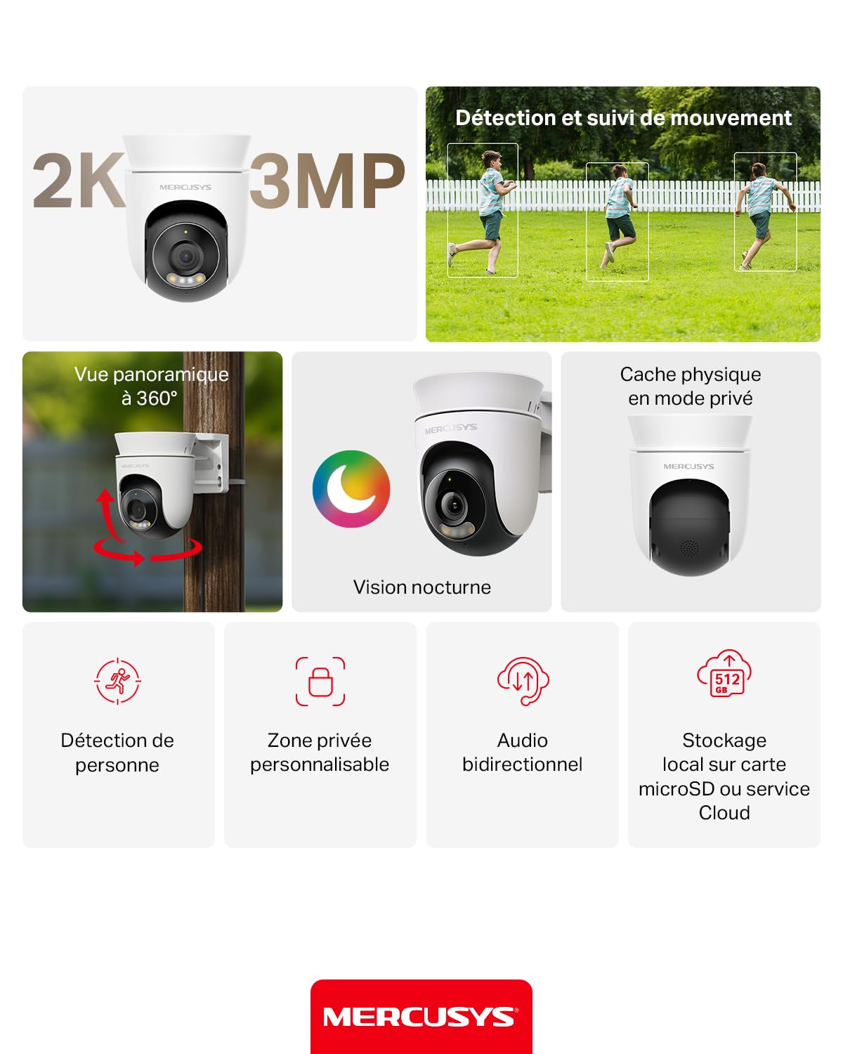 MERCUSYS Caméra de Surveillance WiFi extérieur 360° 2K 3MP, Vision Nocturne Couleur, Détection de Personne et Suivi de Mouvement, Étanche IP65, Alarme sonore Personnalisable, MC510