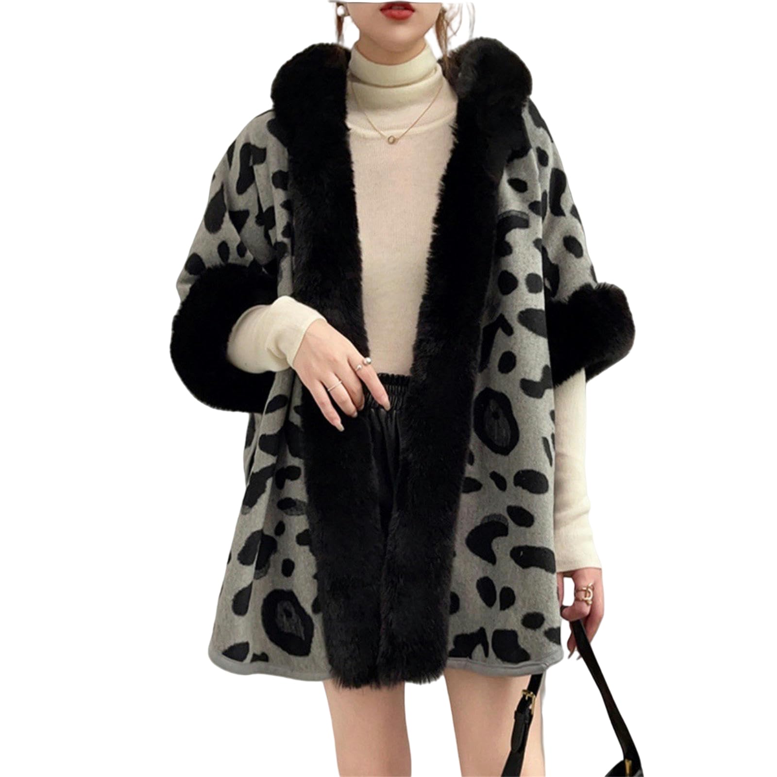 Poncho Donna Collaggio da Pelliccia da Donna Capo A Maglia Cardigan Cape con Cappuccio per Leopardo da Donna-Stampa Leopardo Grigio