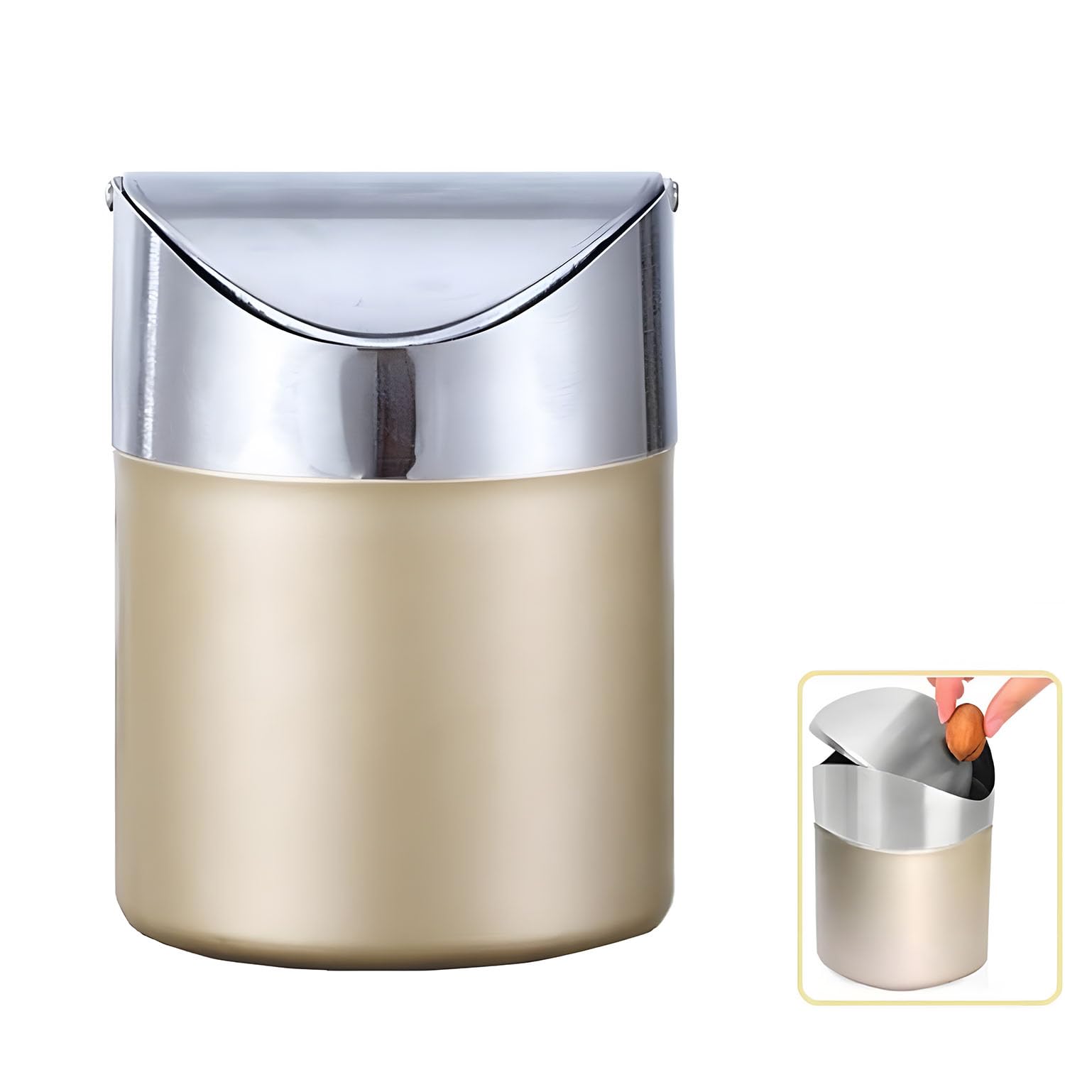 Joyzzz Mini Trash Can with Lid, Gold Small Garbage Can, Brushed Stainless Steel Tiny Trash Bin, Easy to Use Clean Small Trash Can with Lid, Counter Garbage Lint Bin for Bathroom, Office, Kitchen