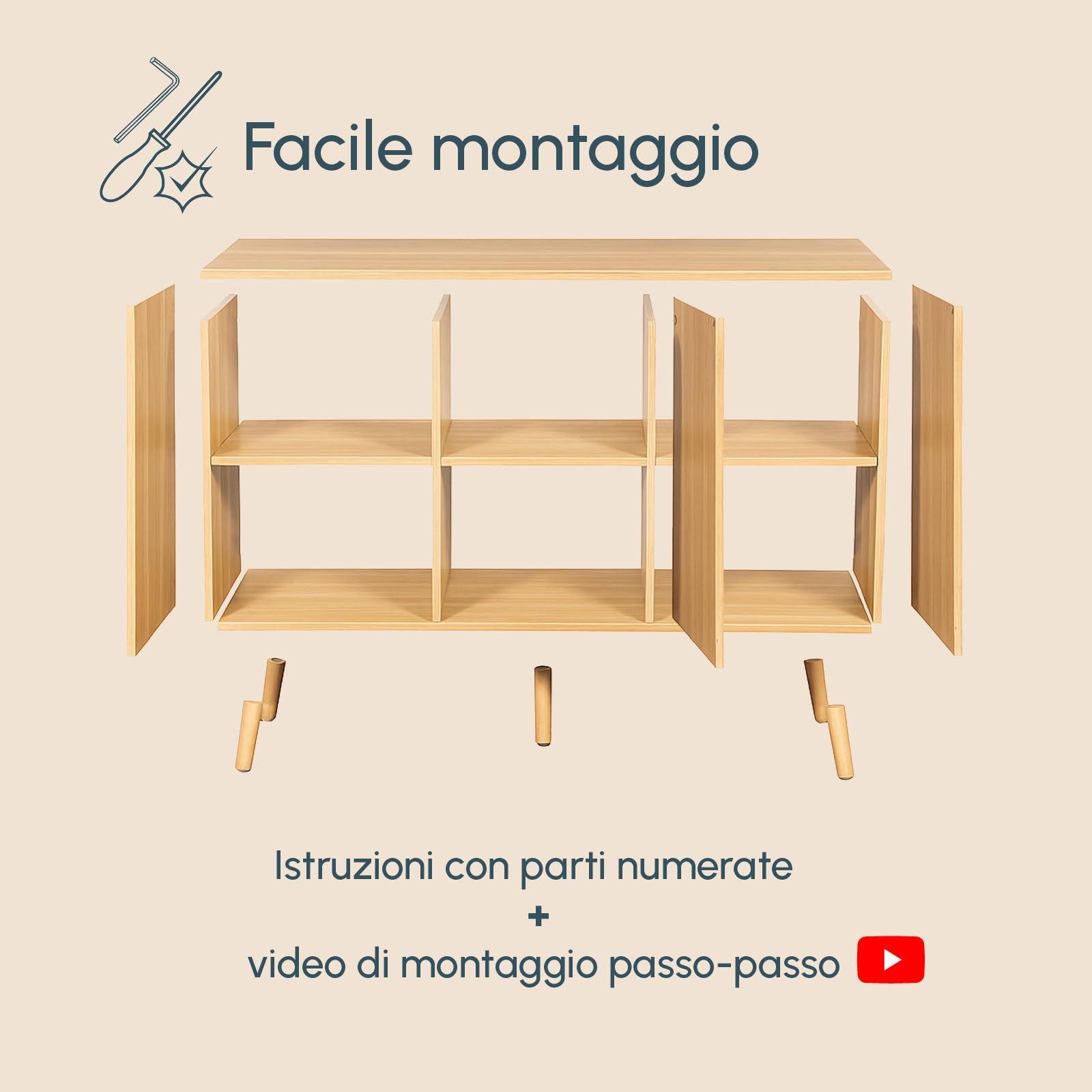 MB Muebles Bonitos, Credenza con ante scanalate Renzo per Soggiorno Sala da pranzo moderno, Design Ondulato, Gambe in Legno, Melamina e PVC, Colore Rovere Alba, 120x76x40 cm