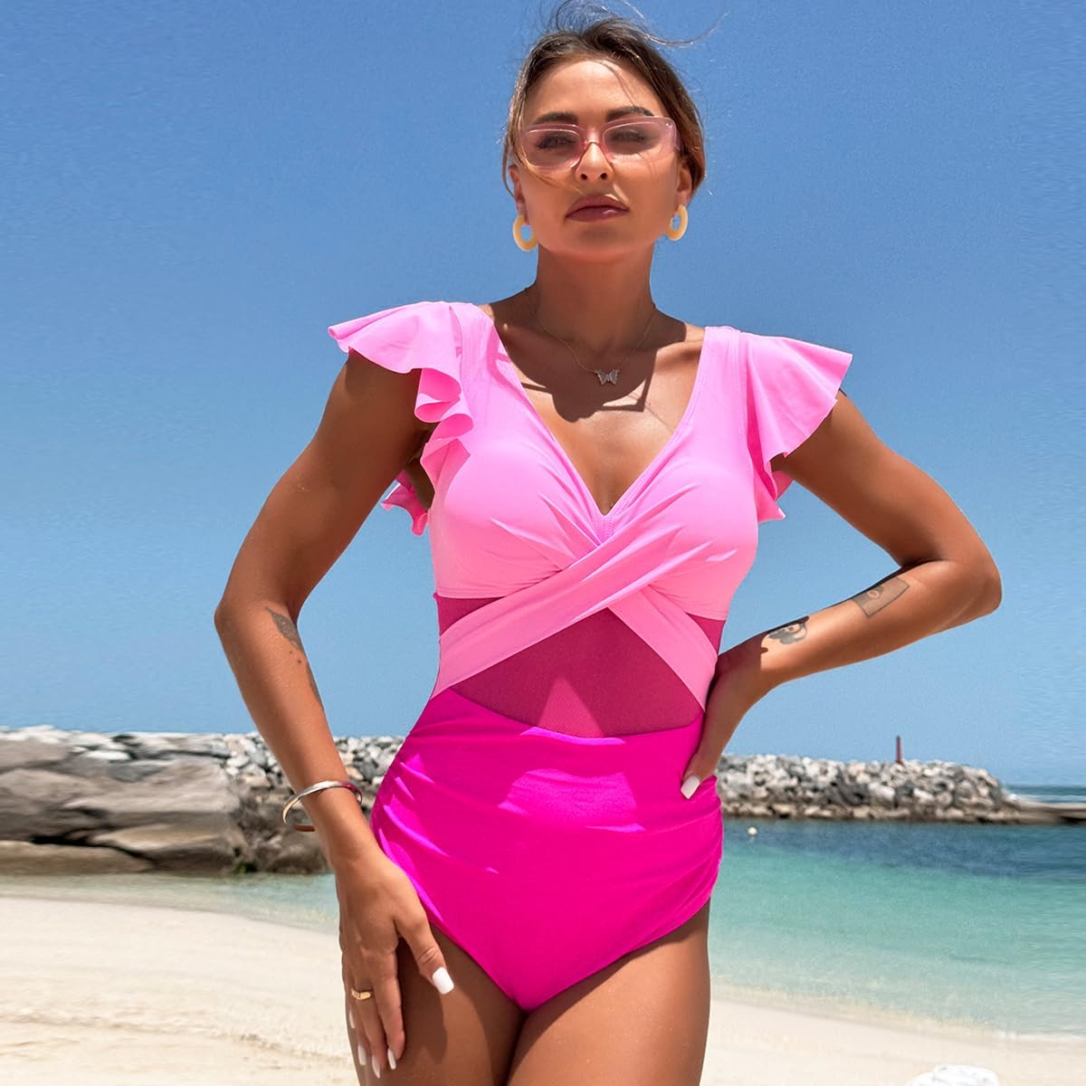YaShaer Women's V Neck Ruffle One Piece Swimsuit Twist Front Mesh Tummy Control Bathing Suit Slimming Swimwear