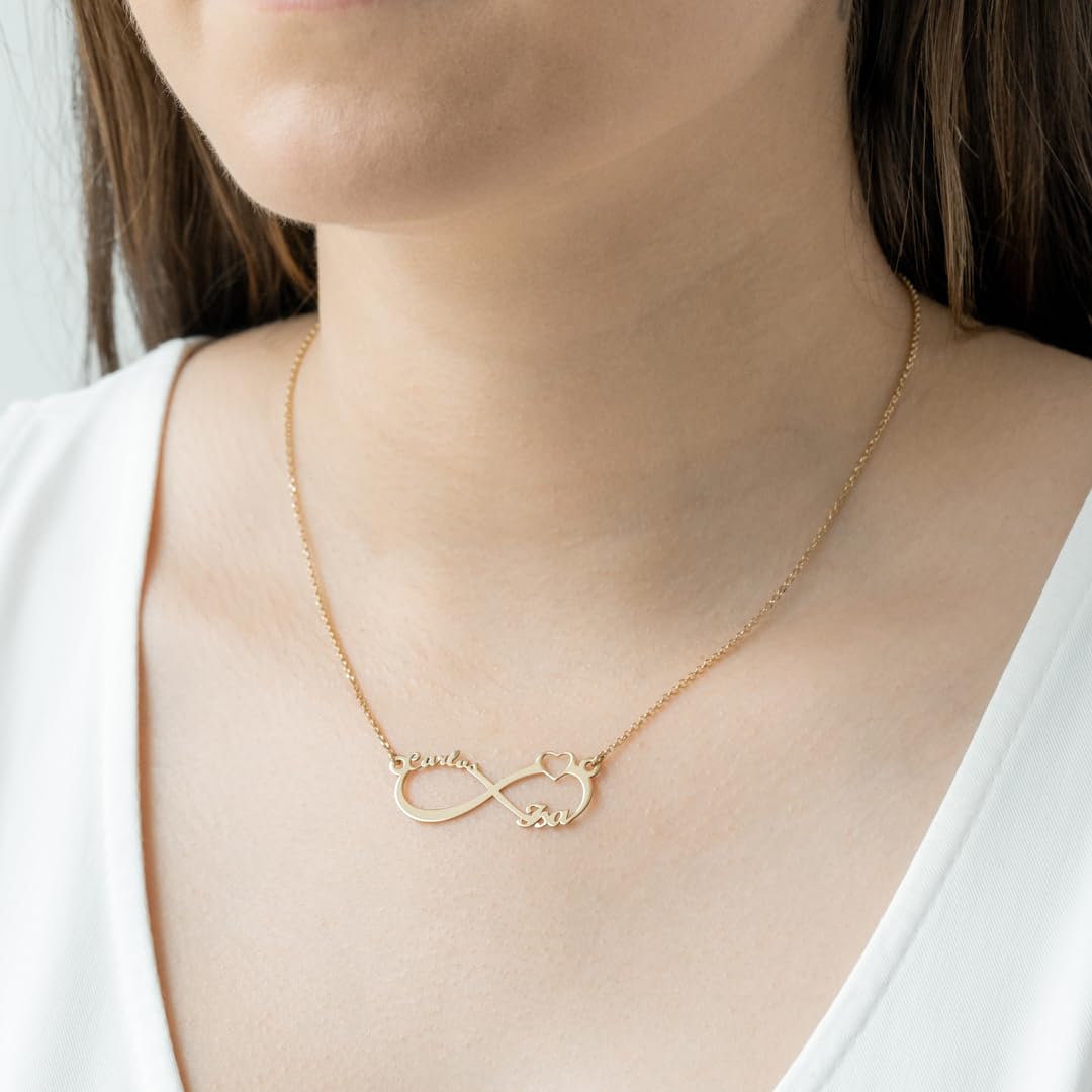 Collar Infinito Personalizado en Plata de Ley 925 para Mujer con Nombres Cadena de 40 cm + Alargador. Regalo para madres, abuelas en Cumpleaños, Navidad. Hecho en España (Infinito Corazón Oro)