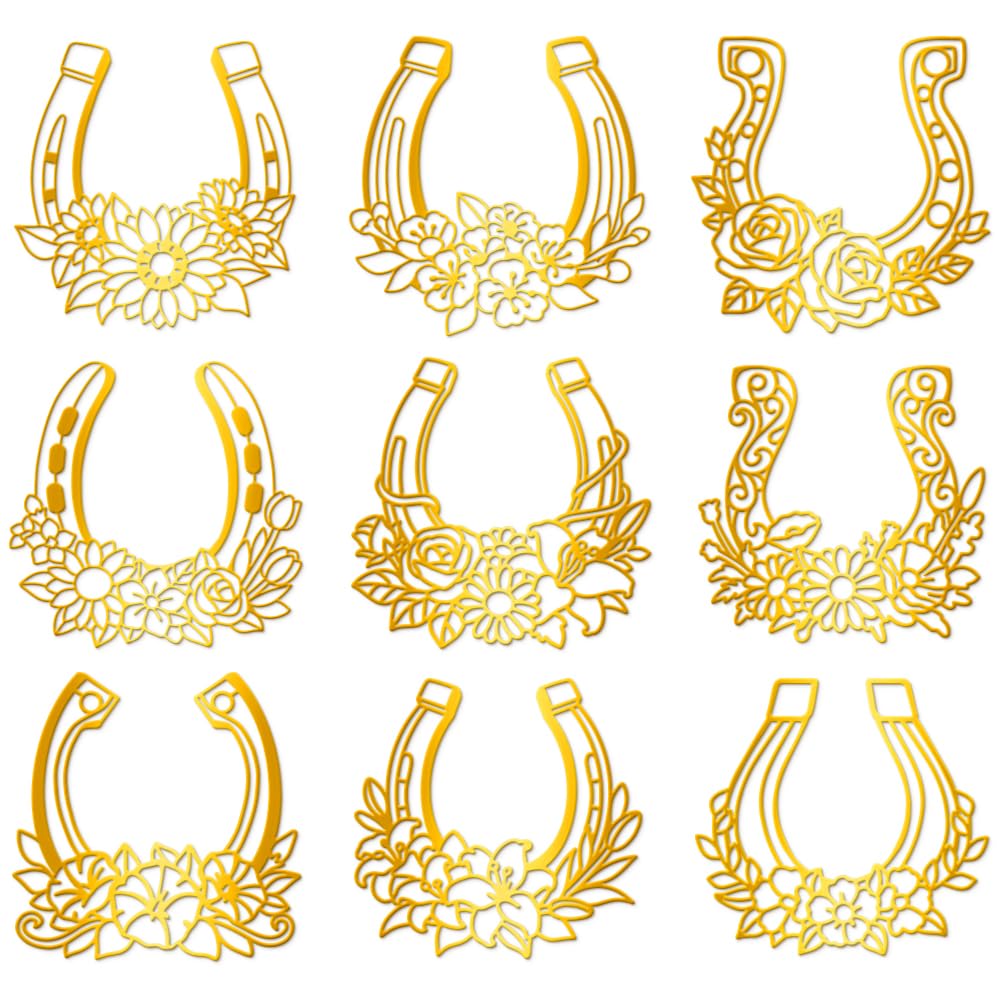 Hobbspring 9Pcs Golden Self Adhesive Stickers 4cmx4cm Horseshoe Metal Decals Western Cowboy Waterproof Decorate Stickers for Scrapbooks DIY Resin Crafts Phone Water Bottle Decoration