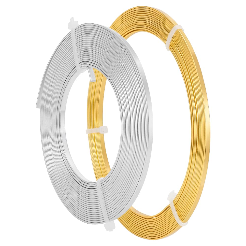 BENECREAT 2 Rolls 33 Feet Gold Sliver Flat Jewelry Craft Wire 3mm Wide Aluminum Wire for Bezel Jewelry Making, Sculpting, Armature Craft