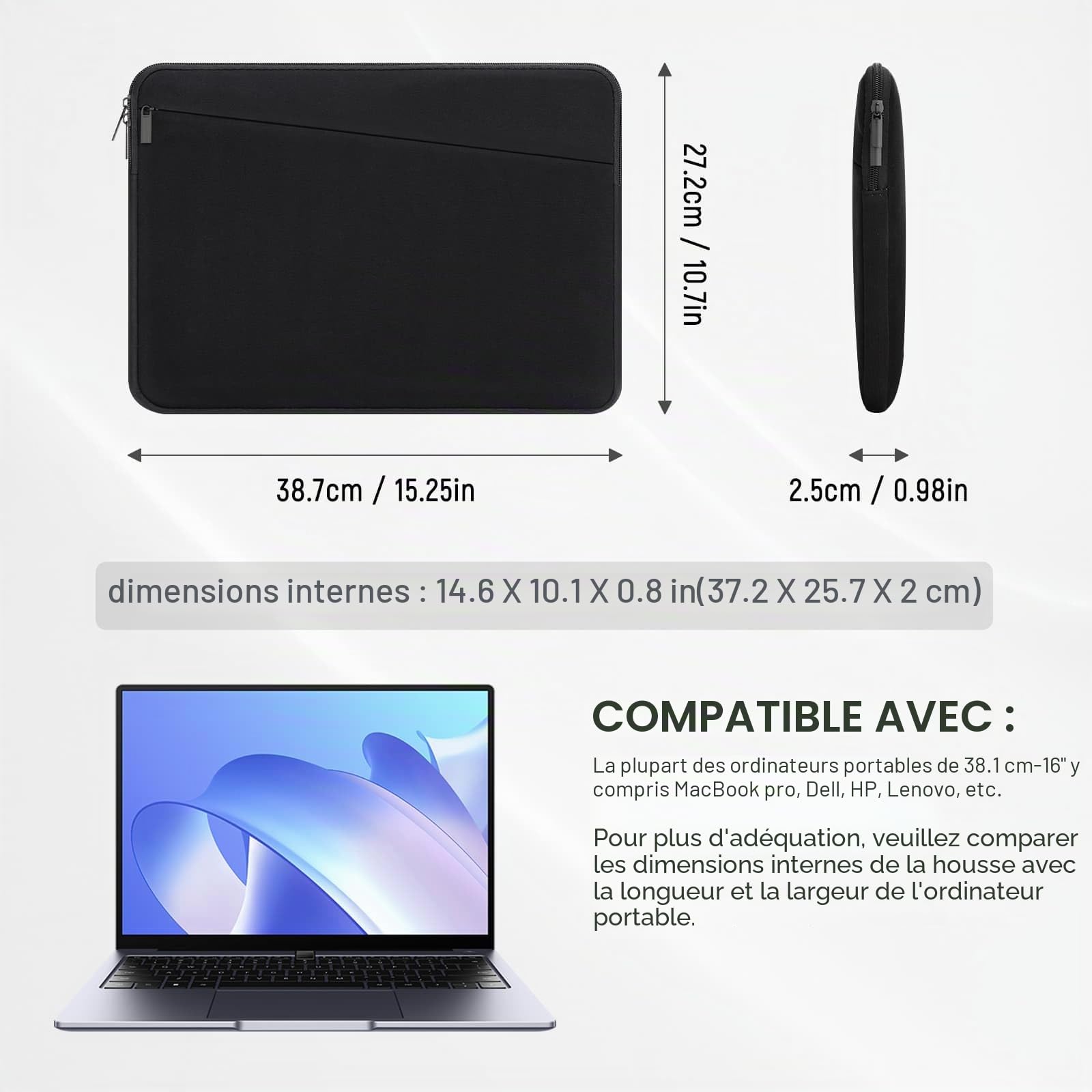 Housse pour Ordinateur Portable 15-16 Pouces Compatible MacBook ASUS HP Dell Sacoche Rembourrée