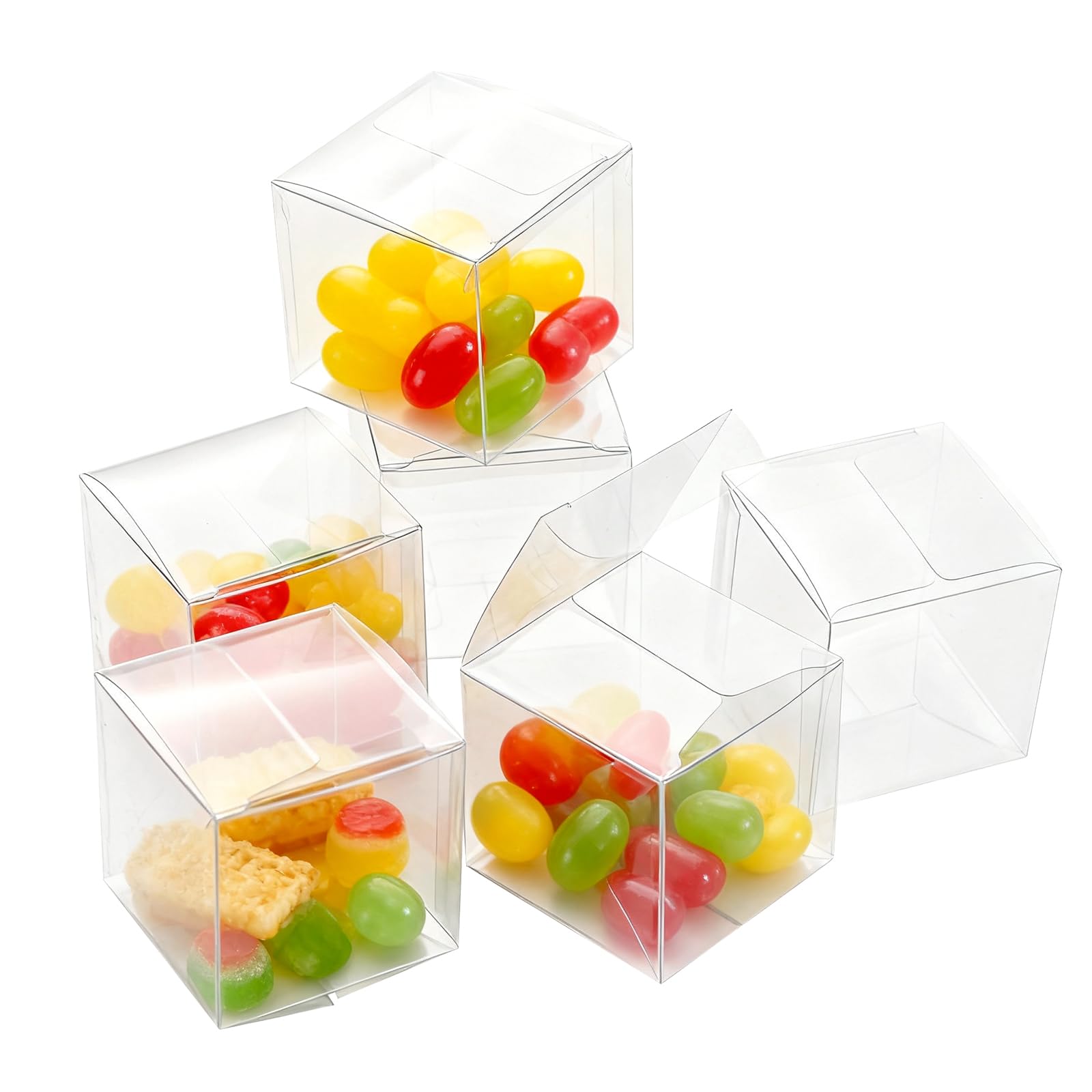 Shoze 100Pcs Clear Favour Boxes 5x5x5cm Cube Wedding Favour Boxes PVC Plastic Christmas Decorations Gift Packaging Box Sweet Film Covered Transparent for Candy Chocolate Valentine — image 1